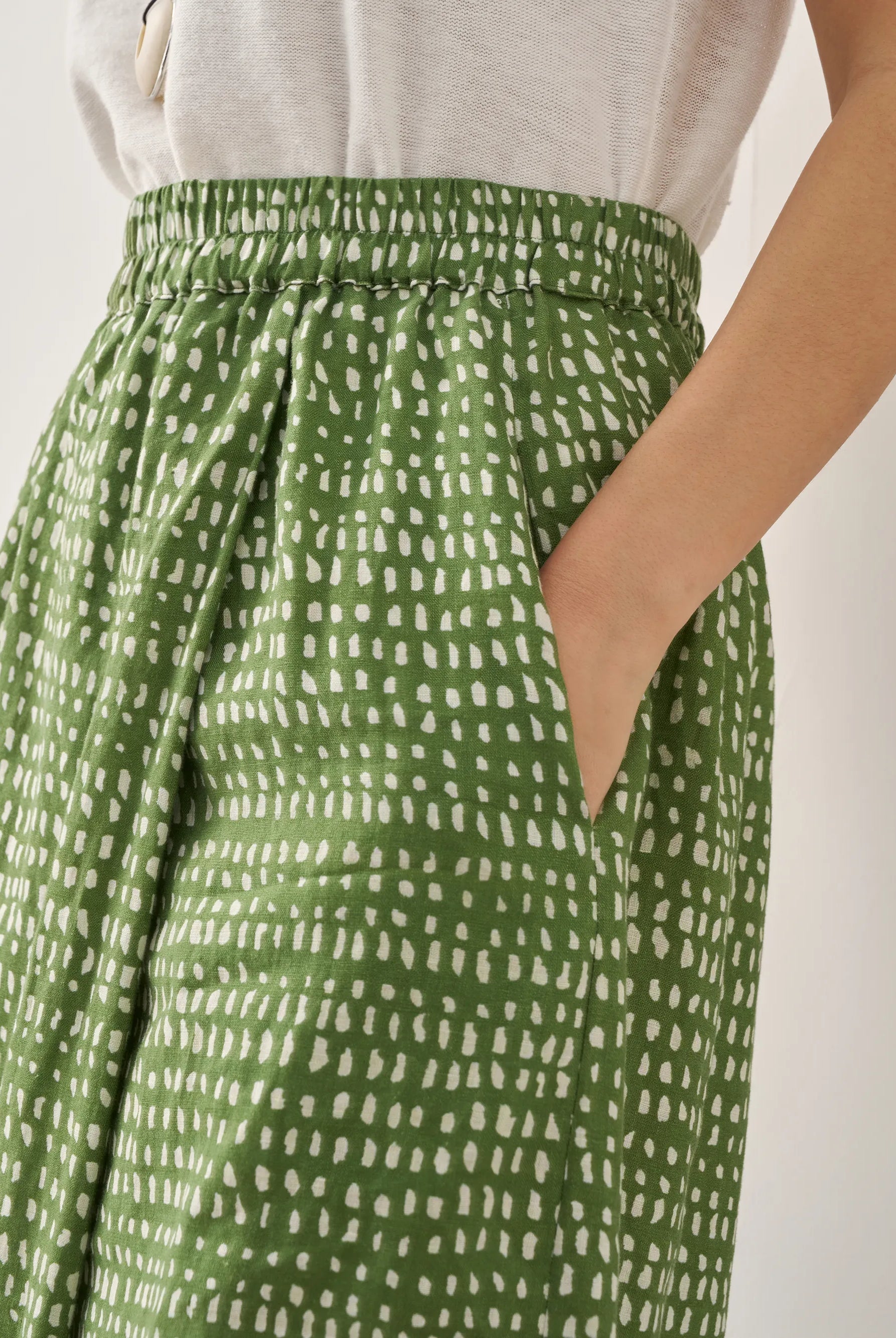 100% Linen Polka Dot Skirt-Pants with Elastic Waist LUMI - BOTTOMS-Linen Pants