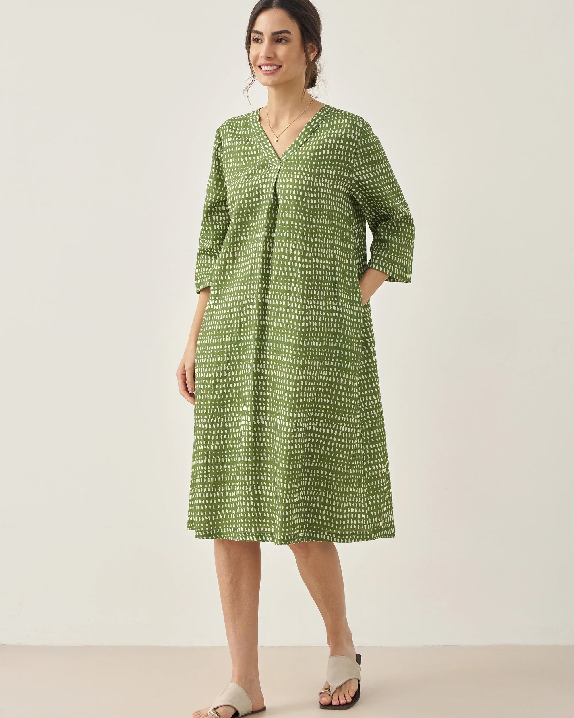 100% Linen V-Neck Polka Dot Midi Dress LIRA - DRESSES-Linen