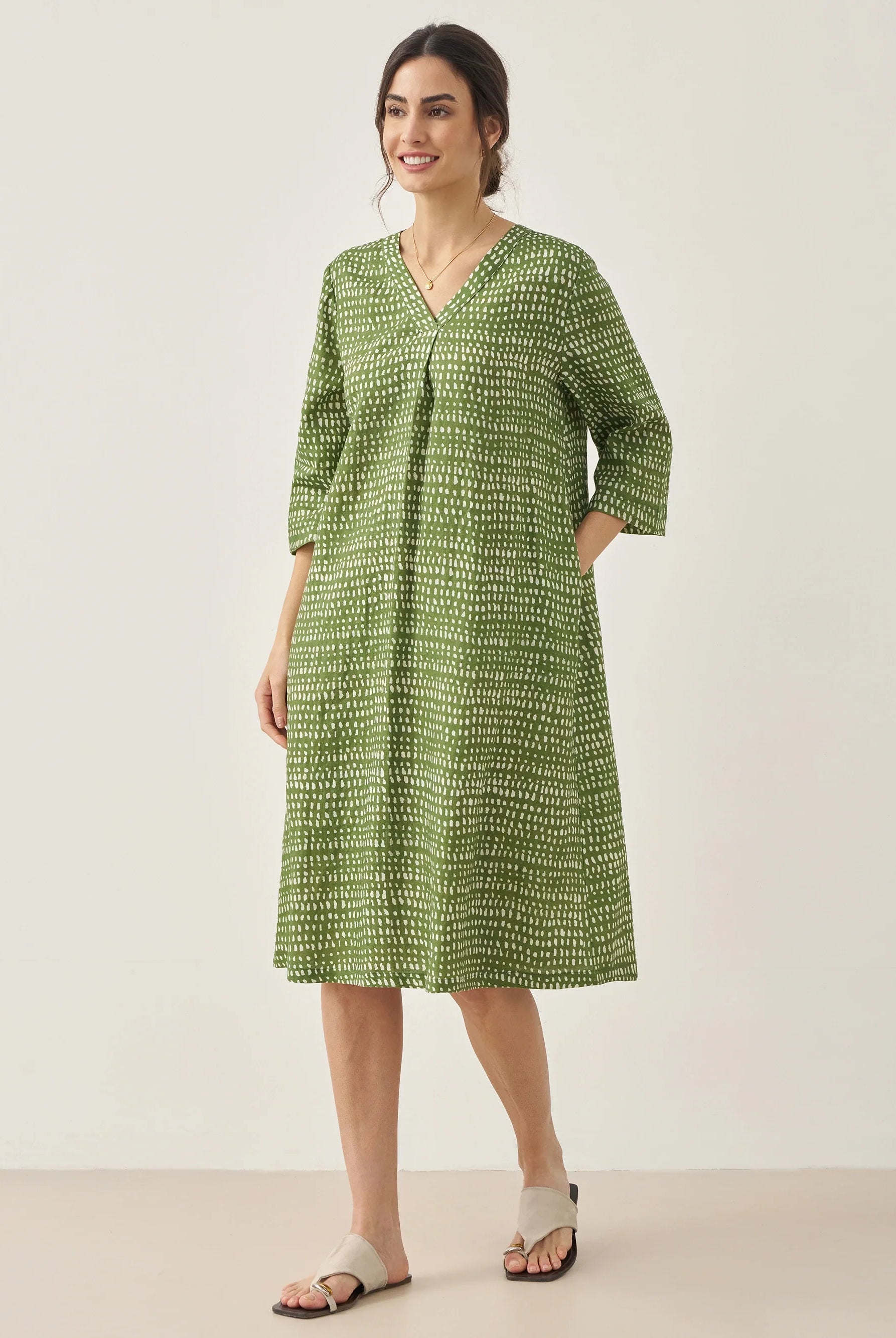 100% Linen V-Neck Polka Dot Midi Dress LIRA - DRESSES-Linen