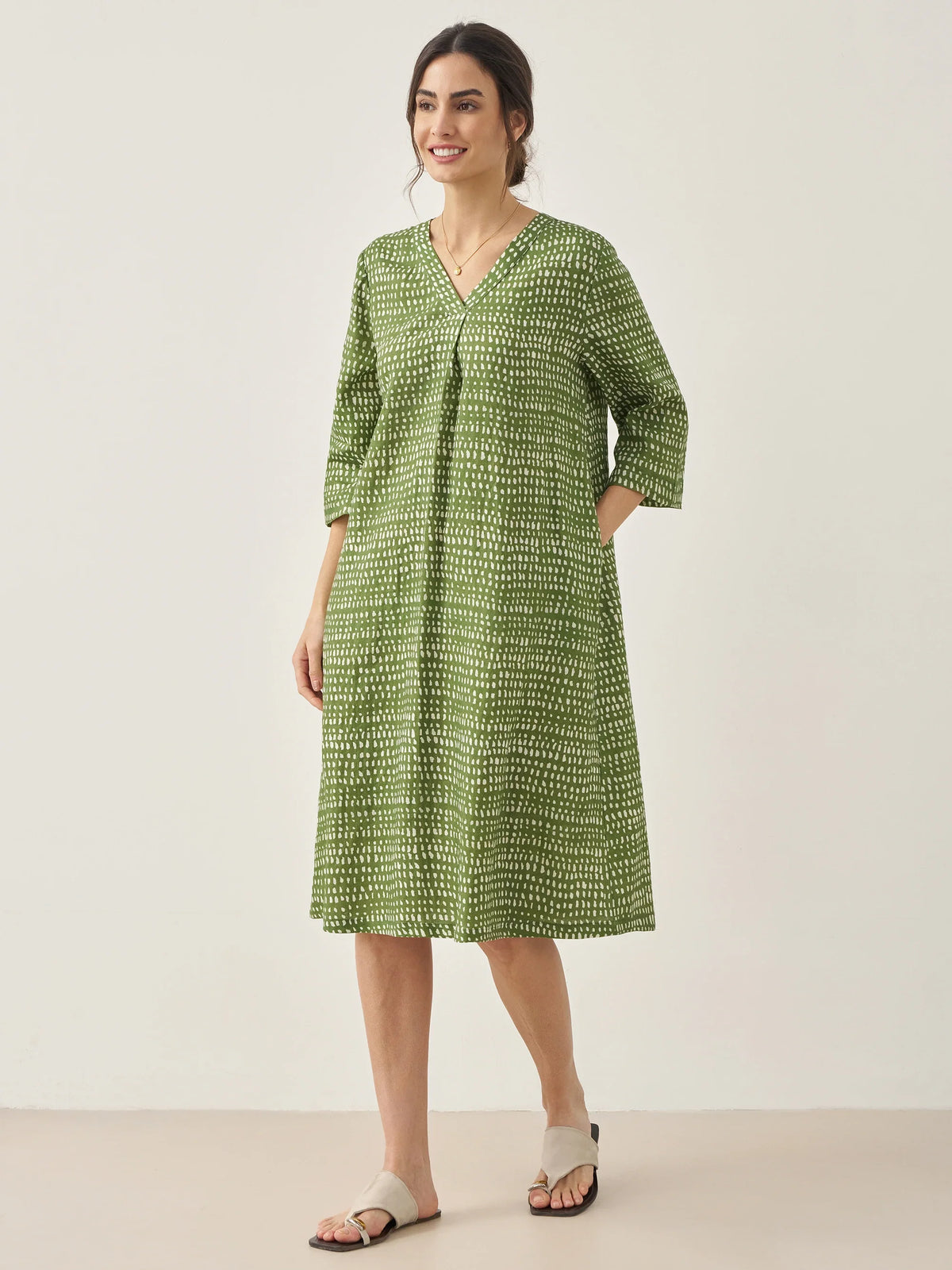 Robe midi 100% lin à pois et col V LIRA - ROBES-Lin