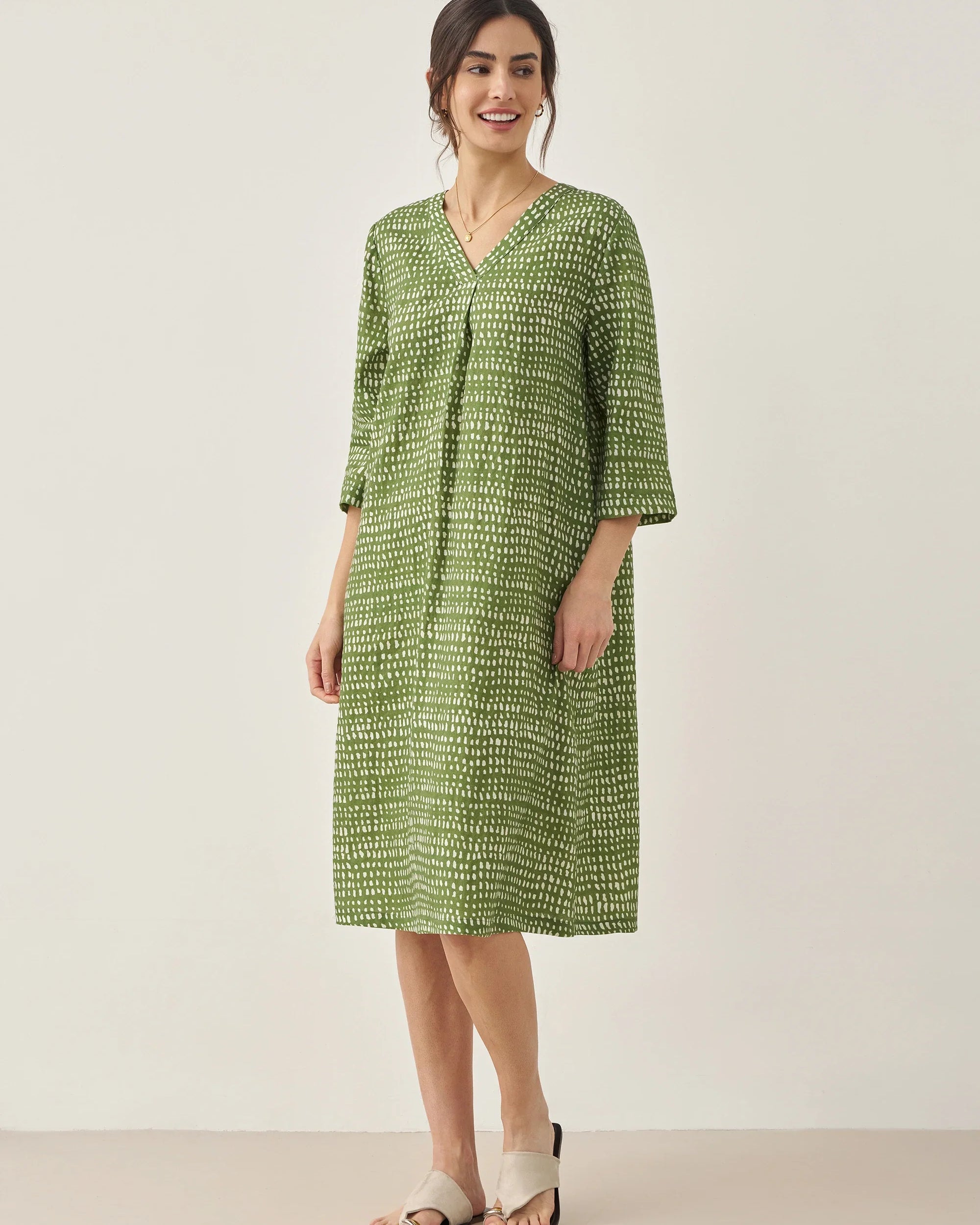100% Linen V-Neck Polka Dot Midi Dress LIRA - Meadow / S - DRESSES-Linen