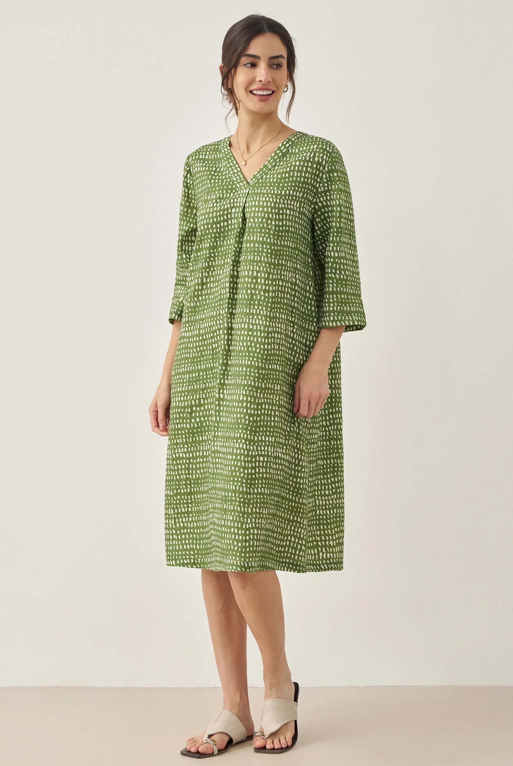 100% Linen V-Neck Polka Dot Midi Dress LIRA - Meadow / S - DRESSES-Linen