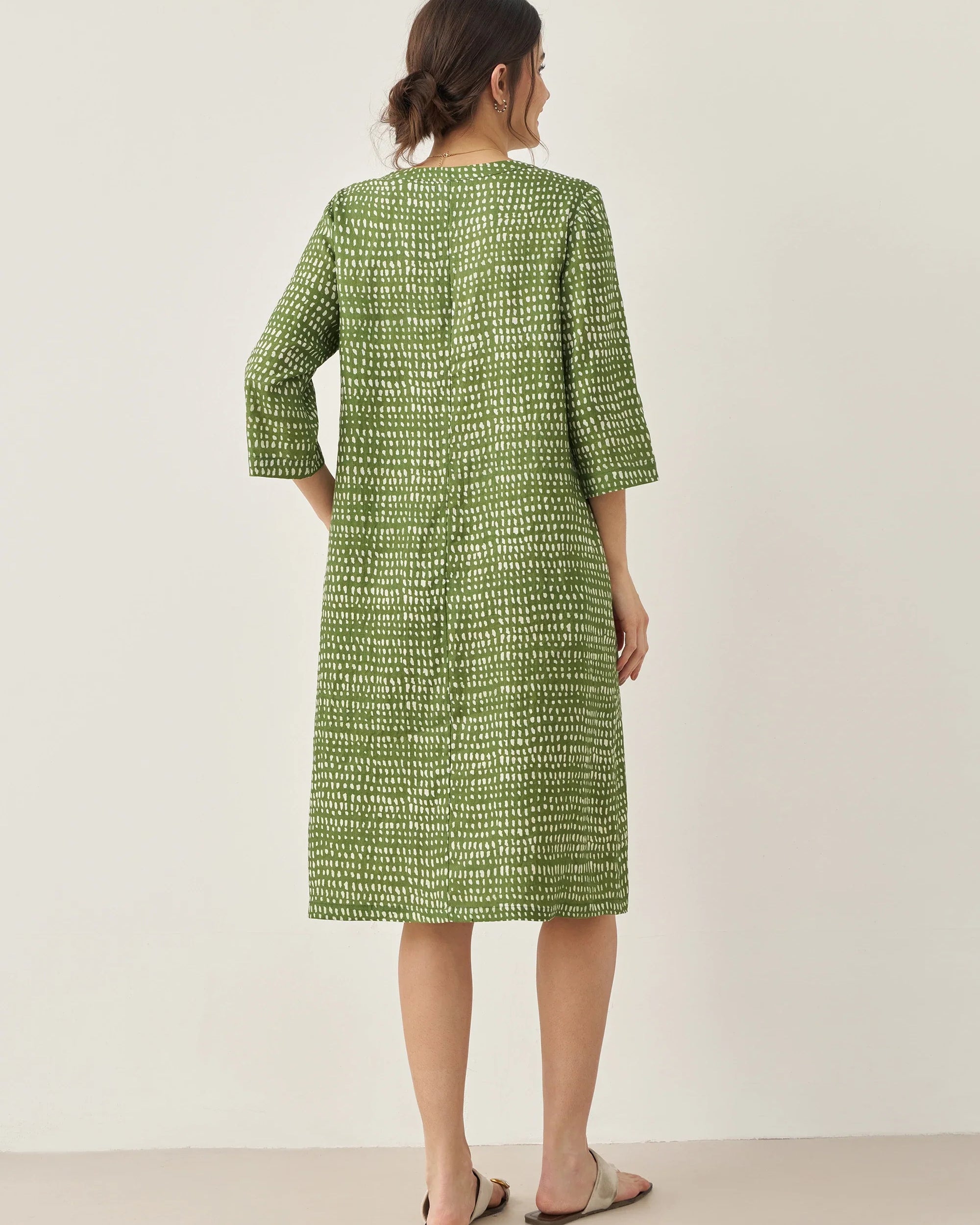 100% Linen V-Neck Polka Dot Midi Dress LIRA - DRESSES-Linen
