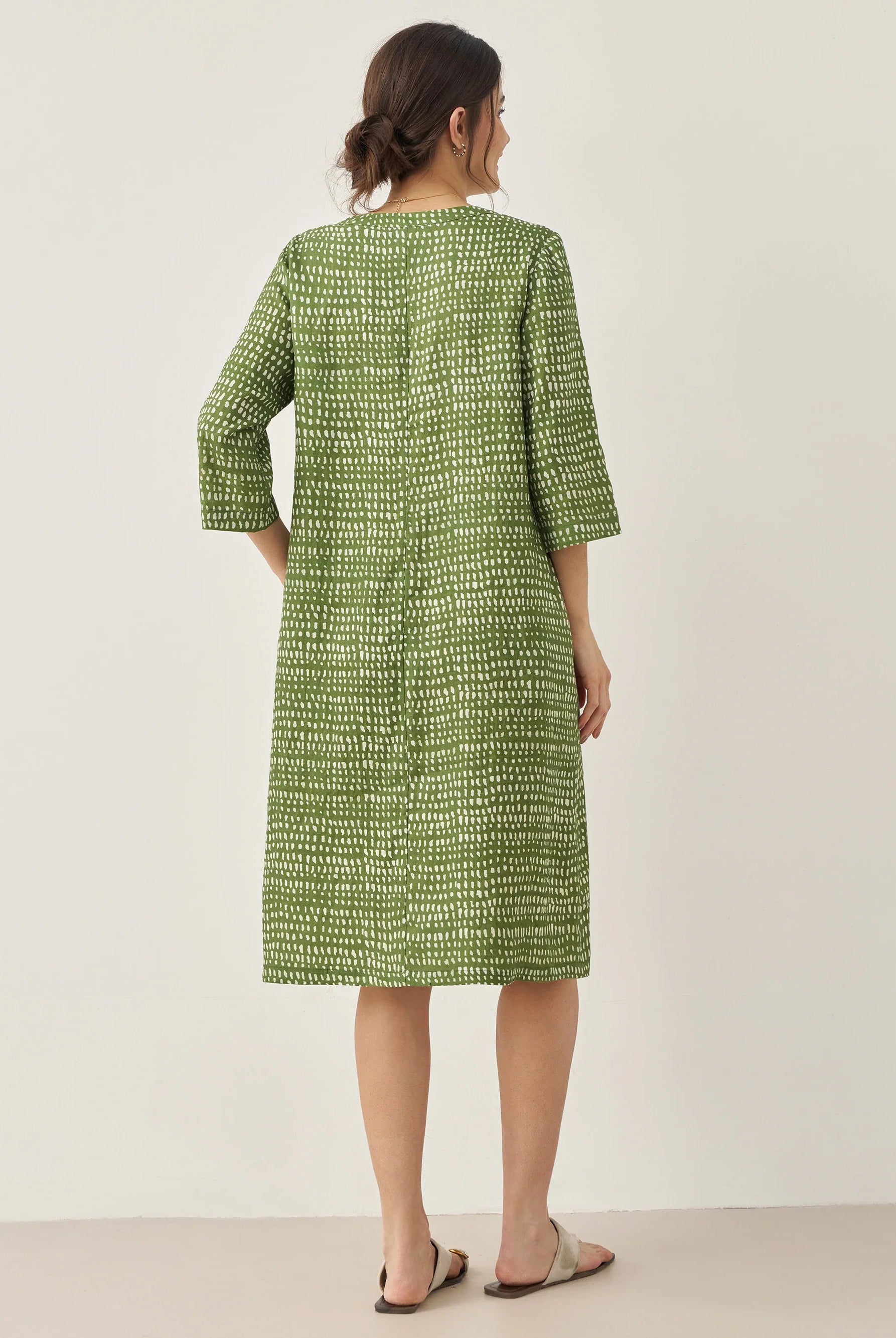 100% Linen V-Neck Polka Dot Midi Dress LIRA - DRESSES-Linen