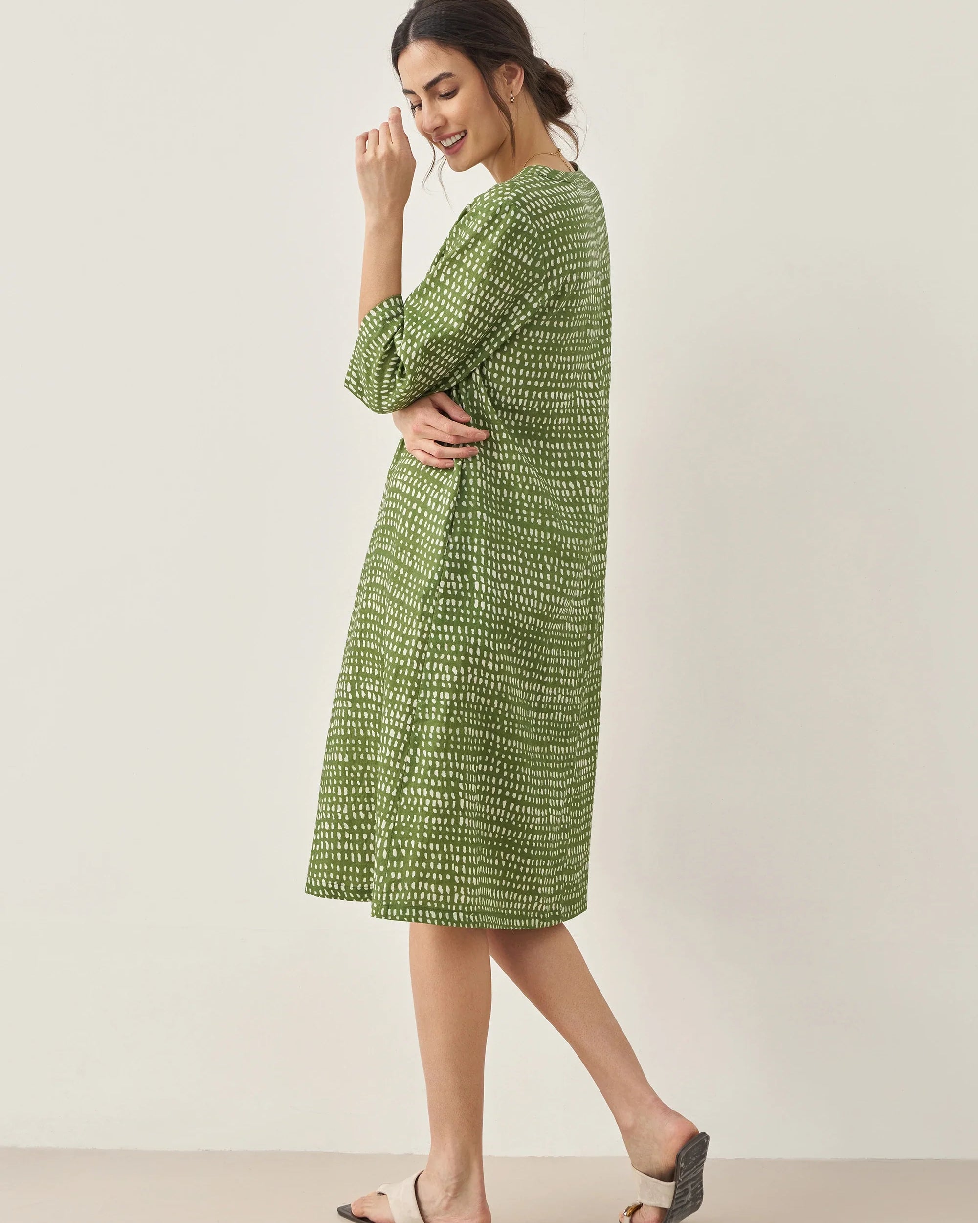 100% Linen V-Neck Polka Dot Midi Dress LIRA - DRESSES-Linen