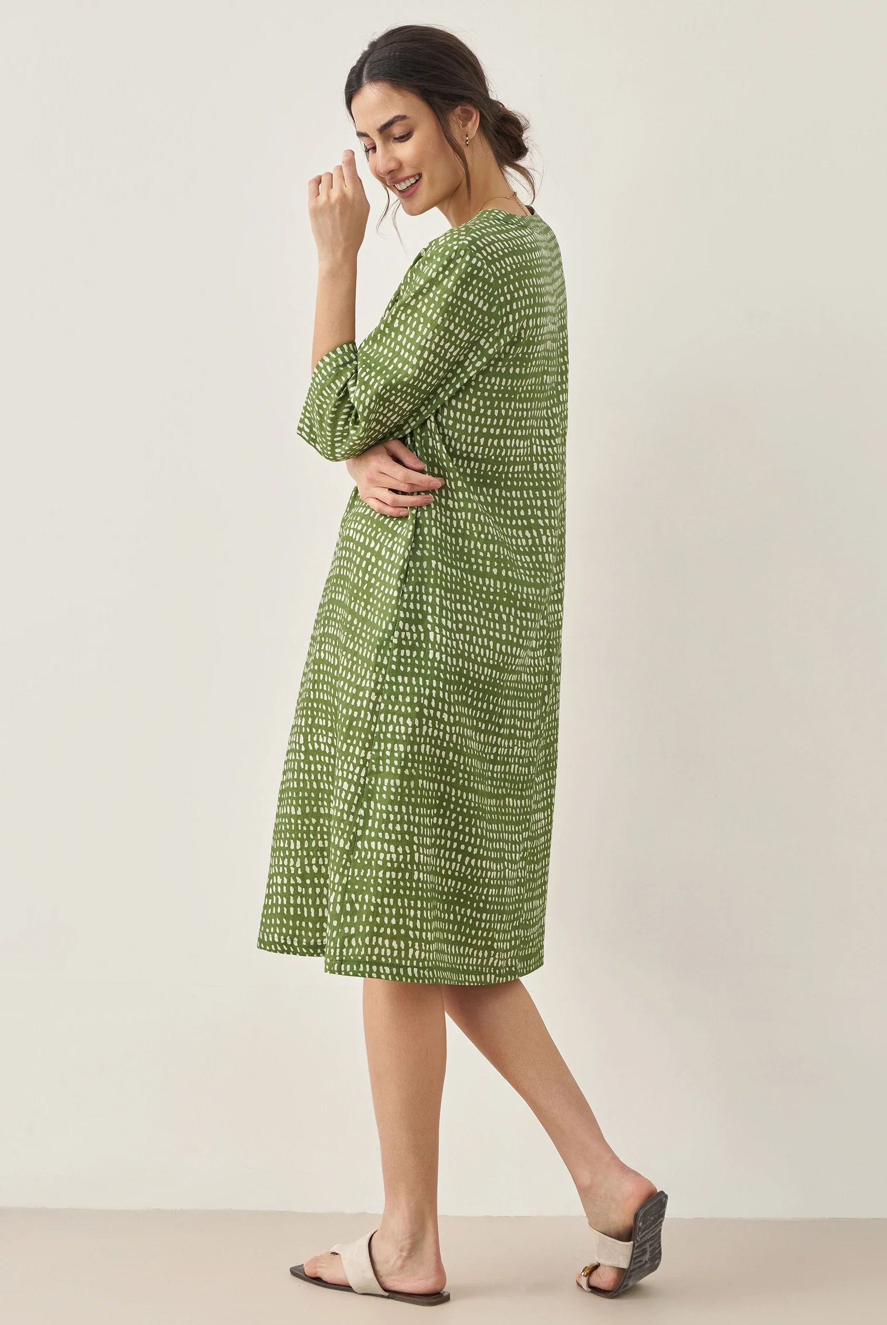 100% Linen V-Neck Polka Dot Midi Dress LIRA - DRESSES-Linen