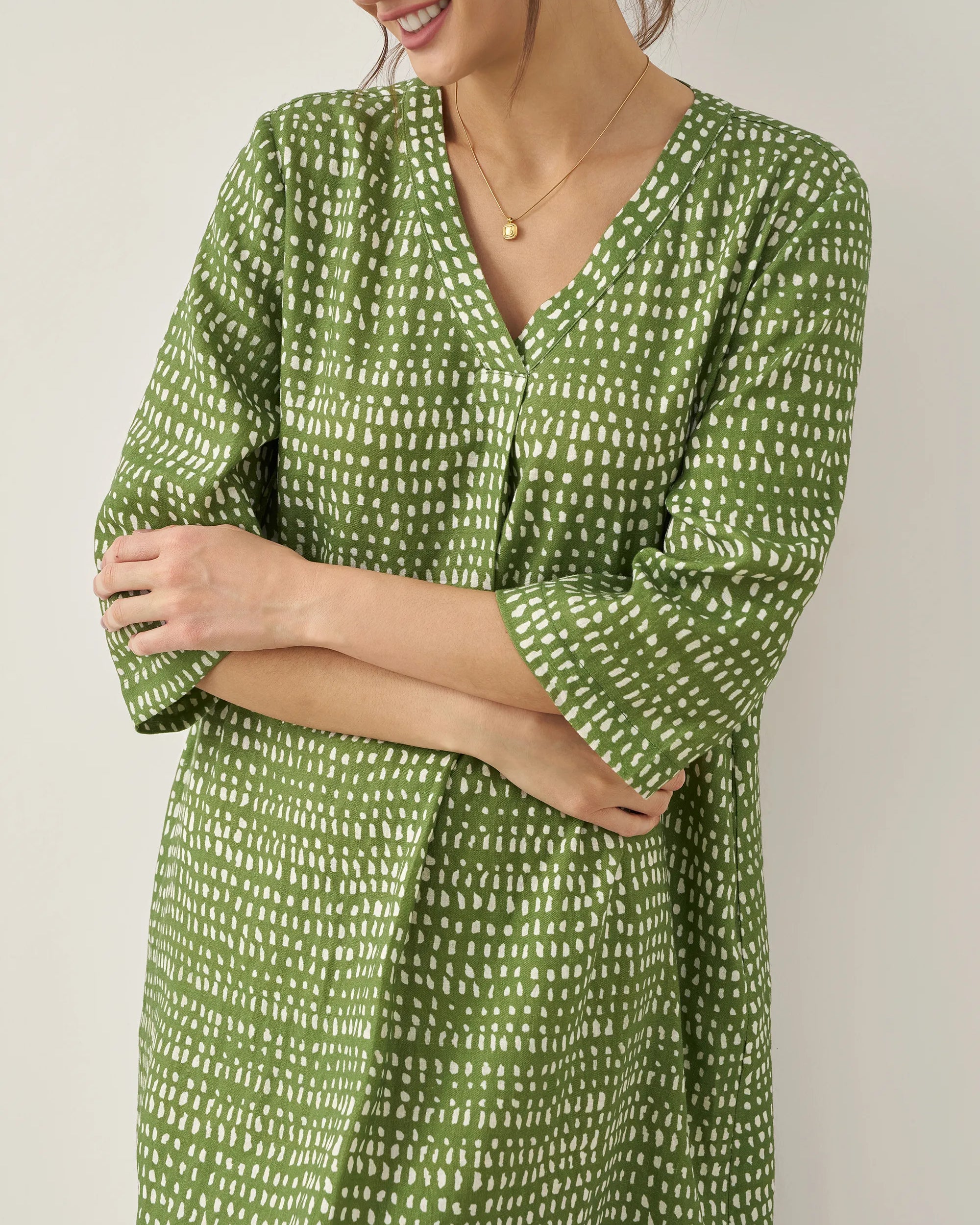 100% Linen V-Neck Polka Dot Midi Dress LIRA - DRESSES-Linen