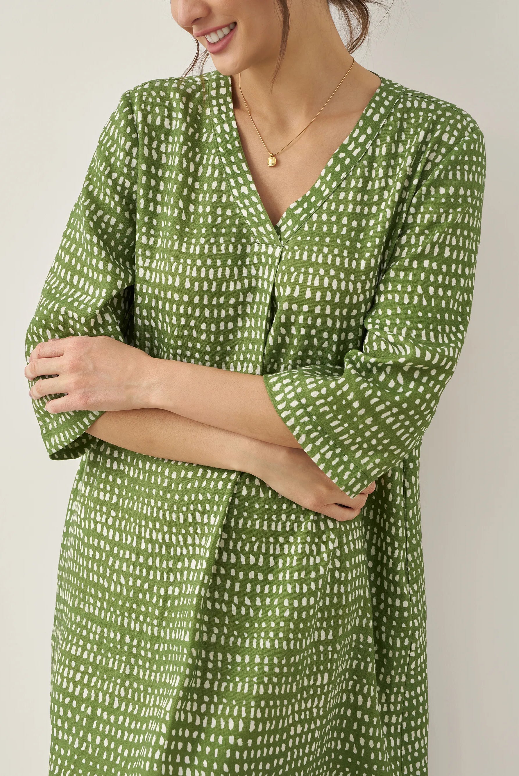 100% Linen V-Neck Polka Dot Midi Dress LIRA - DRESSES-Linen