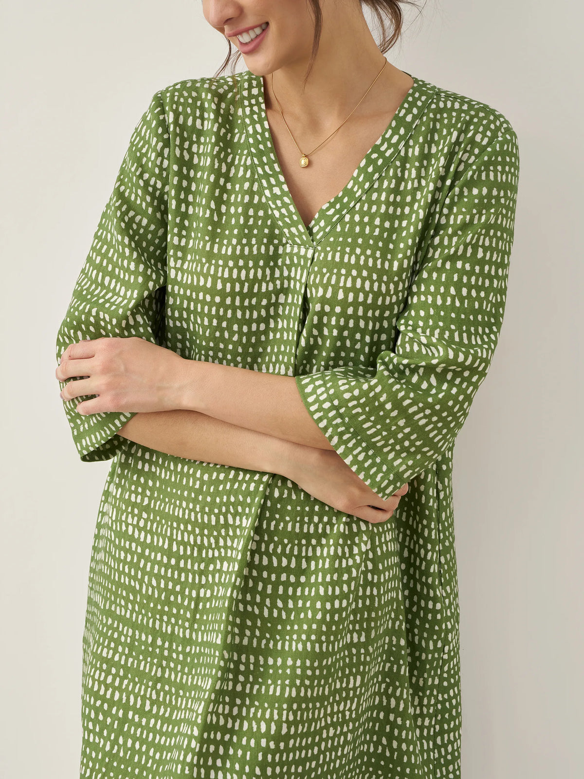 Robe midi 100% lin à pois et col V LIRA - ROBES-Lin