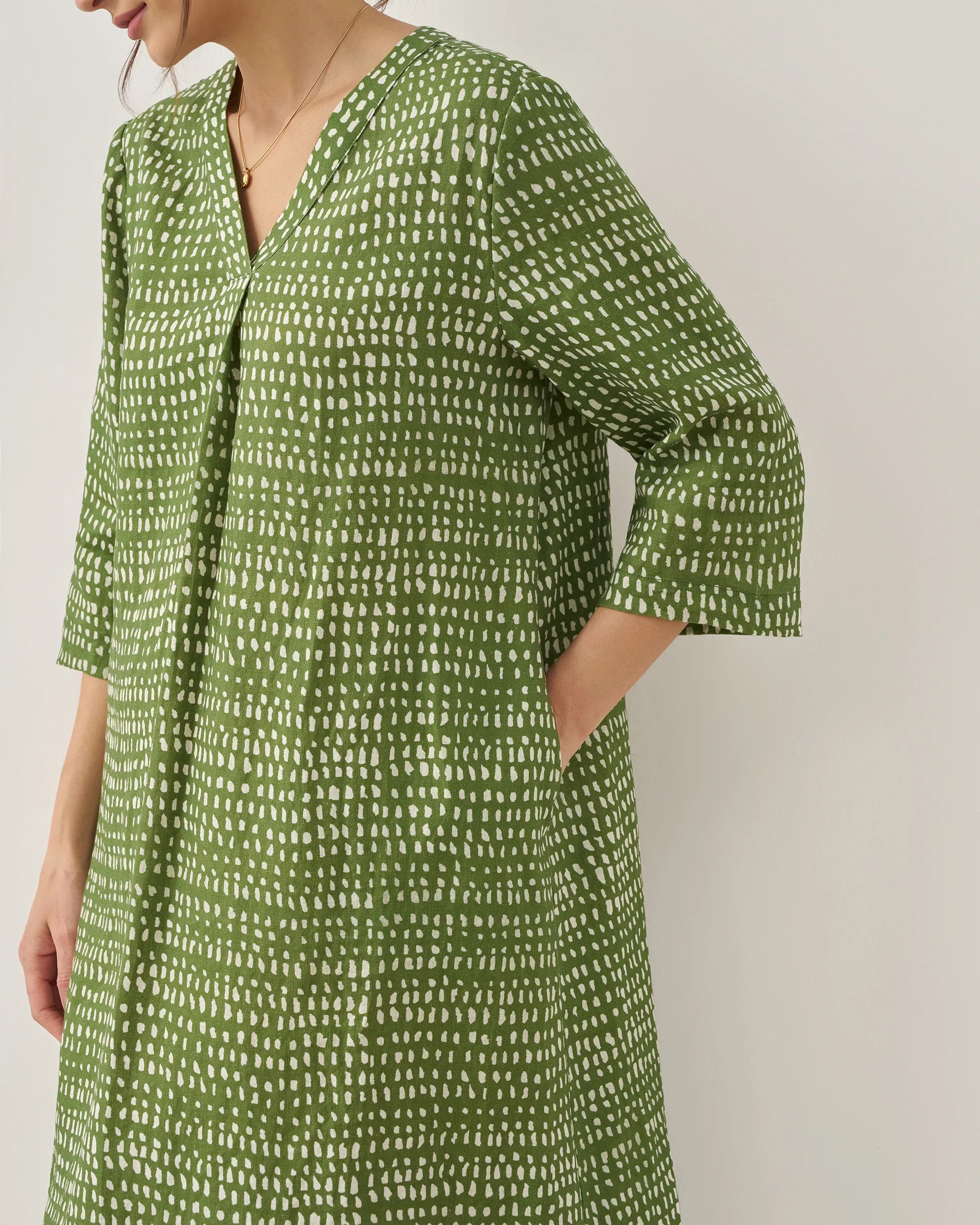 100% Linen V-Neck Polka Dot Midi Dress LIRA - DRESSES-Linen