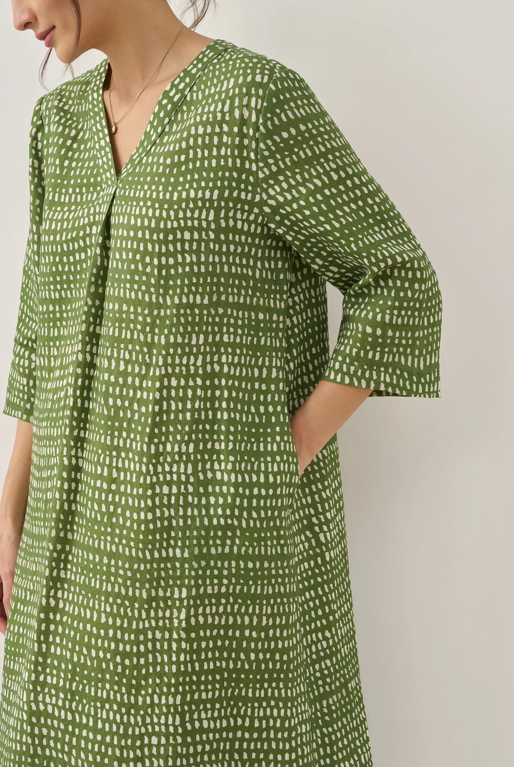 100% Linen V-Neck Polka Dot Midi Dress LIRA - DRESSES-Linen