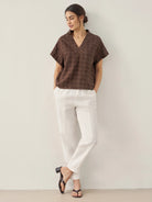 100% Linen Straight-Leg Pants with Elastic Waist - BOTTOMS-Linen