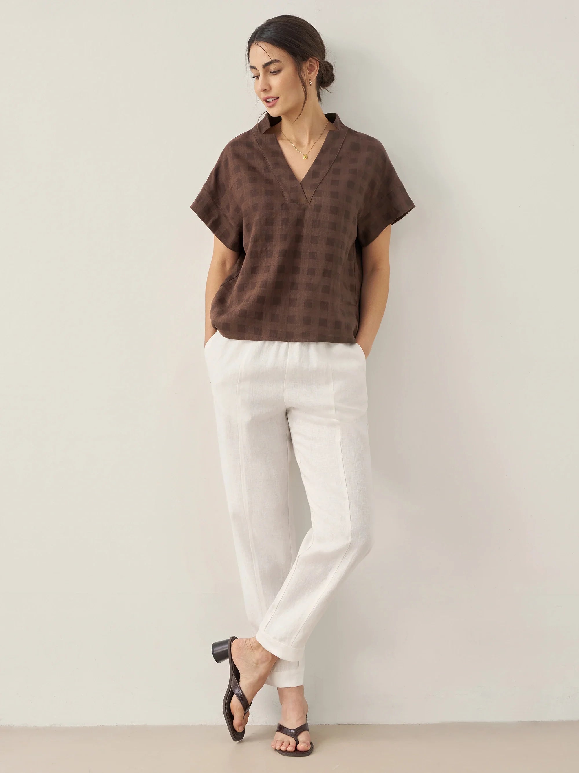 100% Linen Straight-Leg Pants with Elastic Waist - BOTTOMS-Linen