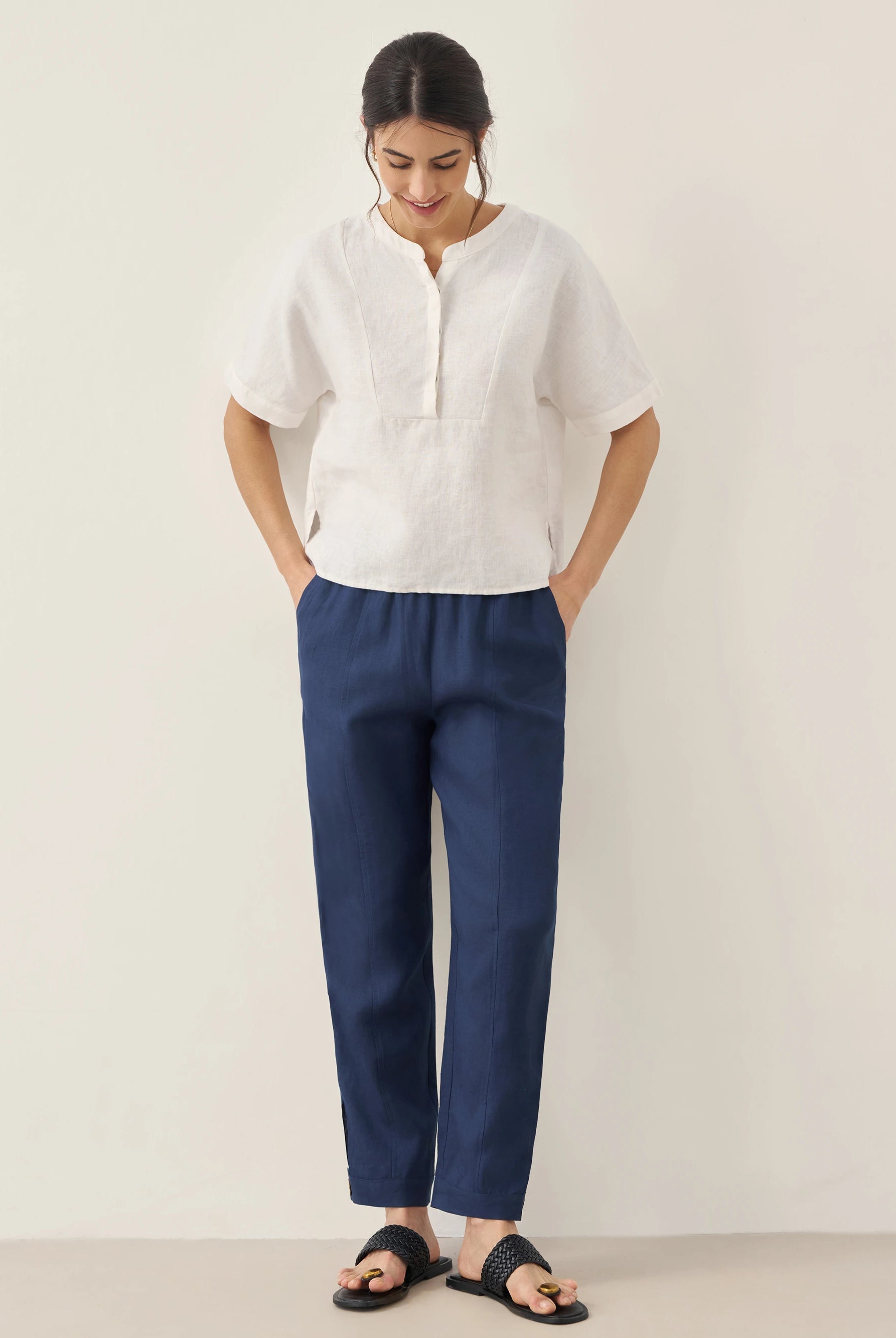 100% Linen Straight-Leg Pants with Elastic Waist PATRICE by LINTICO for women