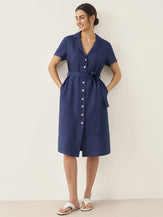 Robe chemise femme EILEEN boutonnée devant à col V en 100% lin de LINTICO