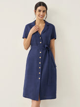 Robe chemise femme EILEEN boutonnée devant à col V en 100% lin de LINTICO