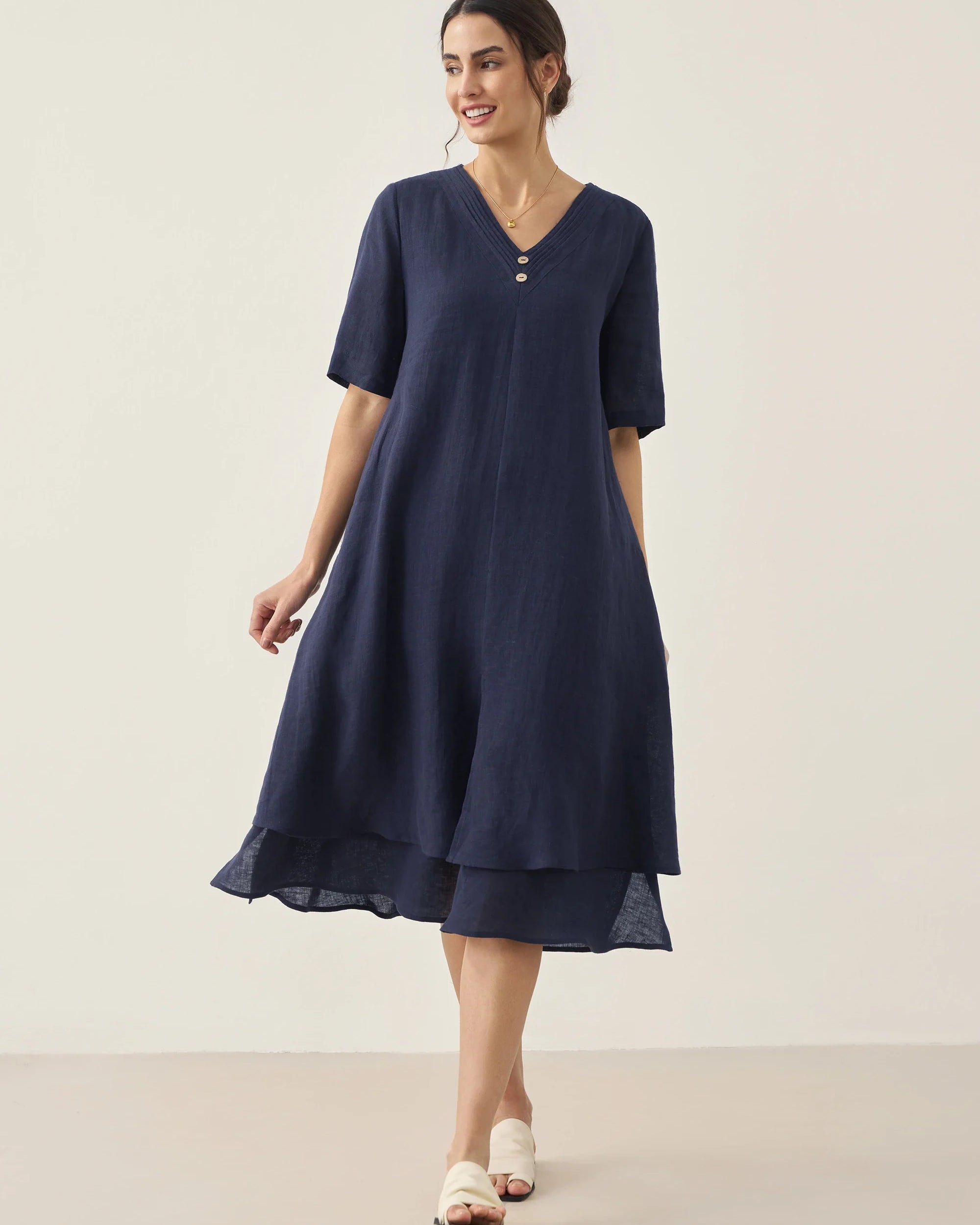 100% Linen V-Neck Double-Layer Midi Dress JAYDA - Navy Blue / S - DRESSES-Linen