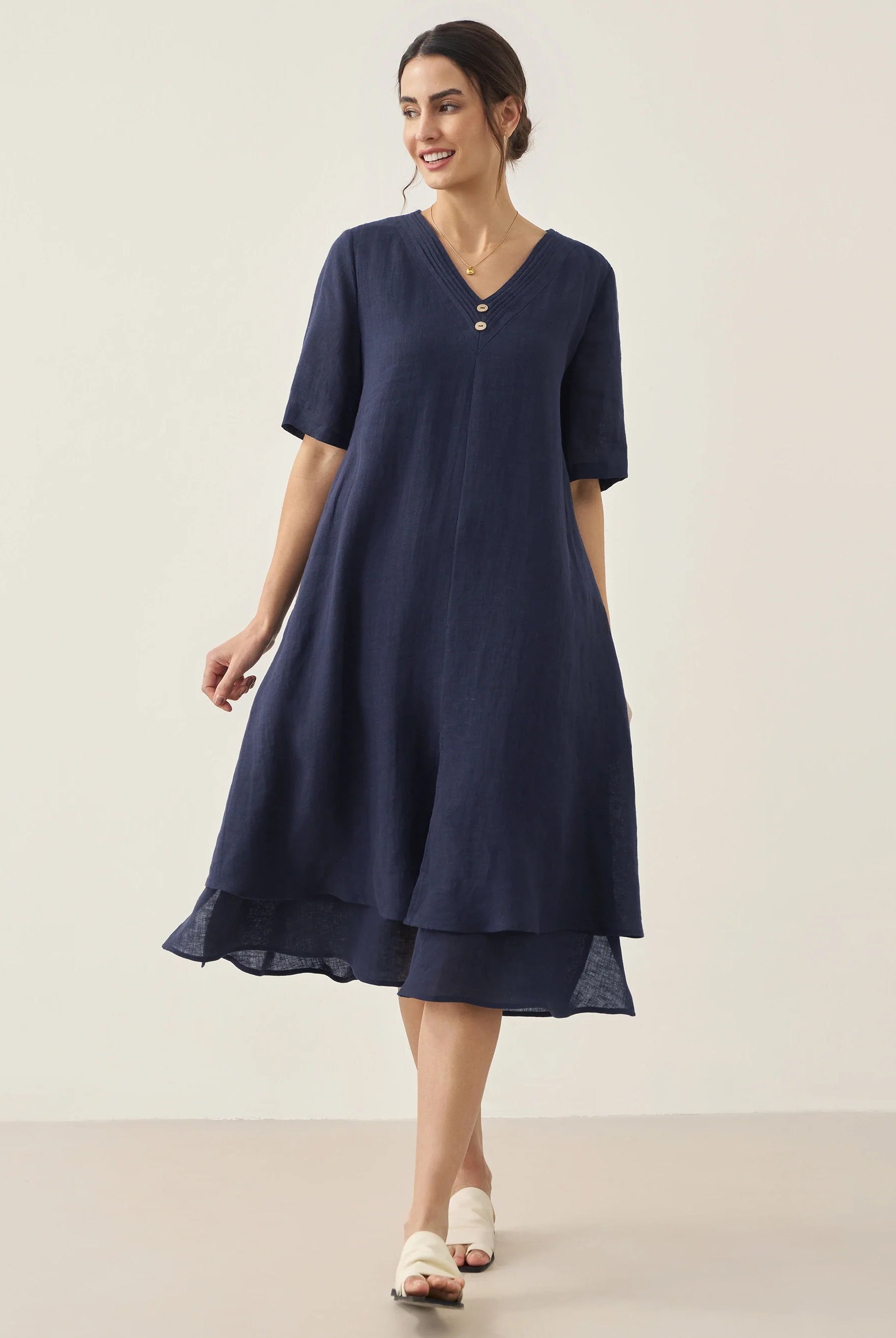 100% Linen V-Neck Double-Layer Midi Dress JAYDA - Navy Blue / S - DRESSES-Linen