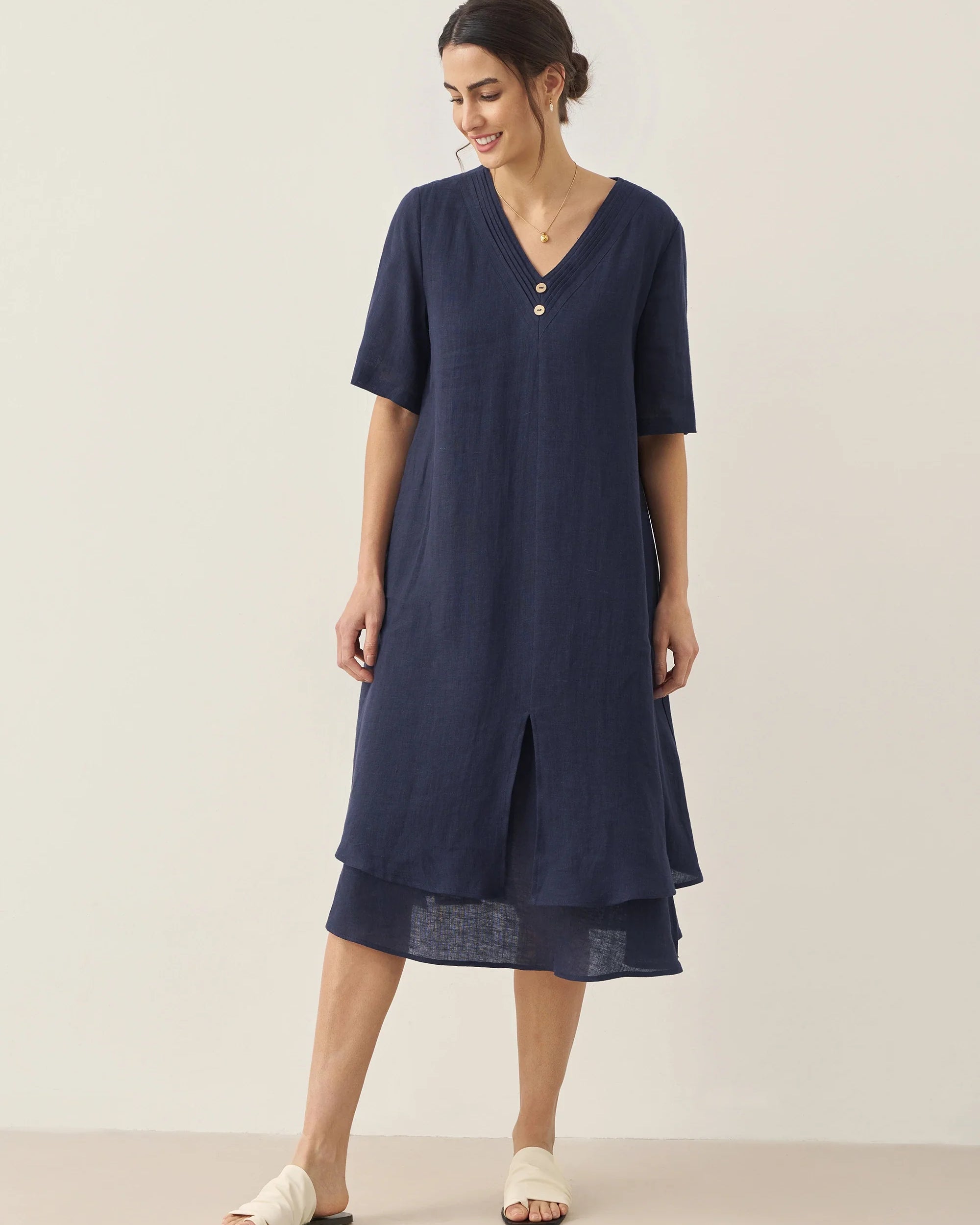 100% Linen V-Neck Double-Layer Midi Dress JAYDA - DRESSES-Linen