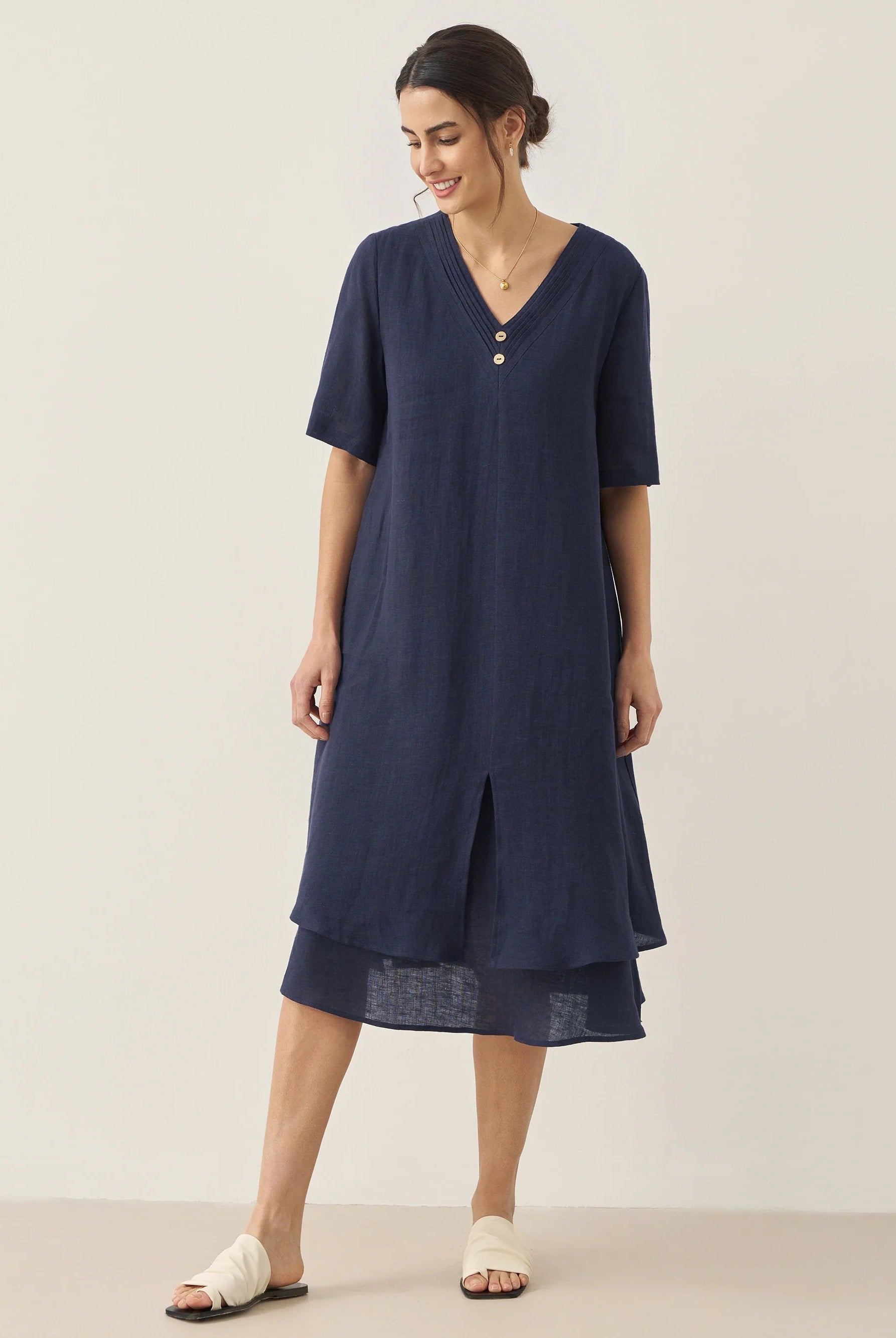 100% Linen V-Neck Double-Layer Midi Dress JAYDA - DRESSES-Linen