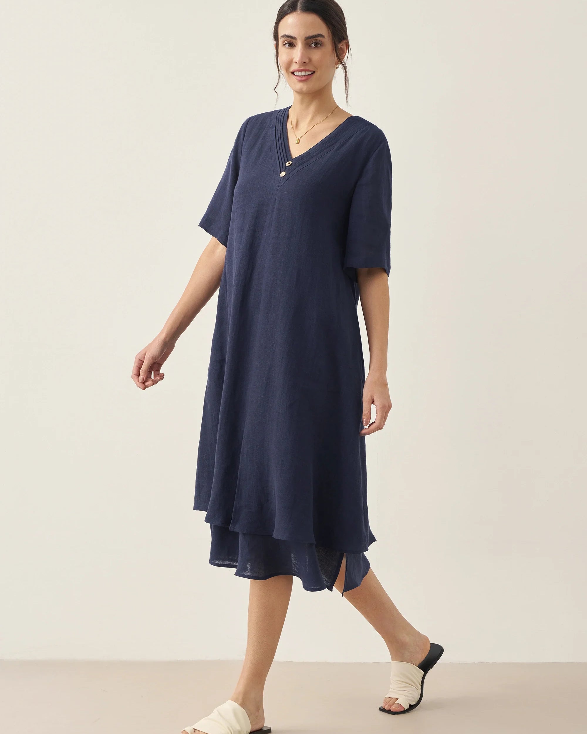 100% Linen V-Neck Double-Layer Midi Dress JAYDA - DRESSES-Linen