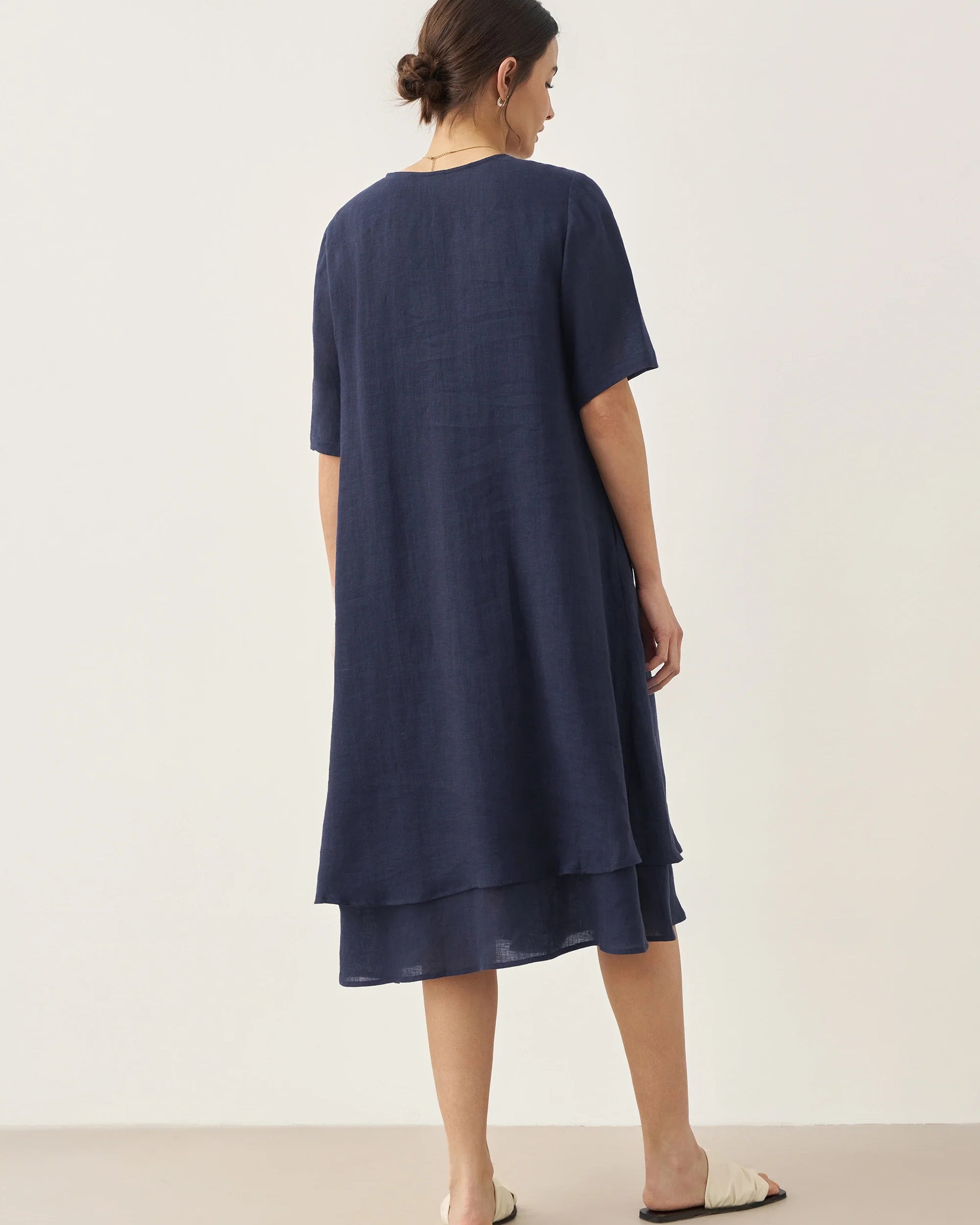 100% Linen V-Neck Double-Layer Midi Dress JAYDA - DRESSES-Linen