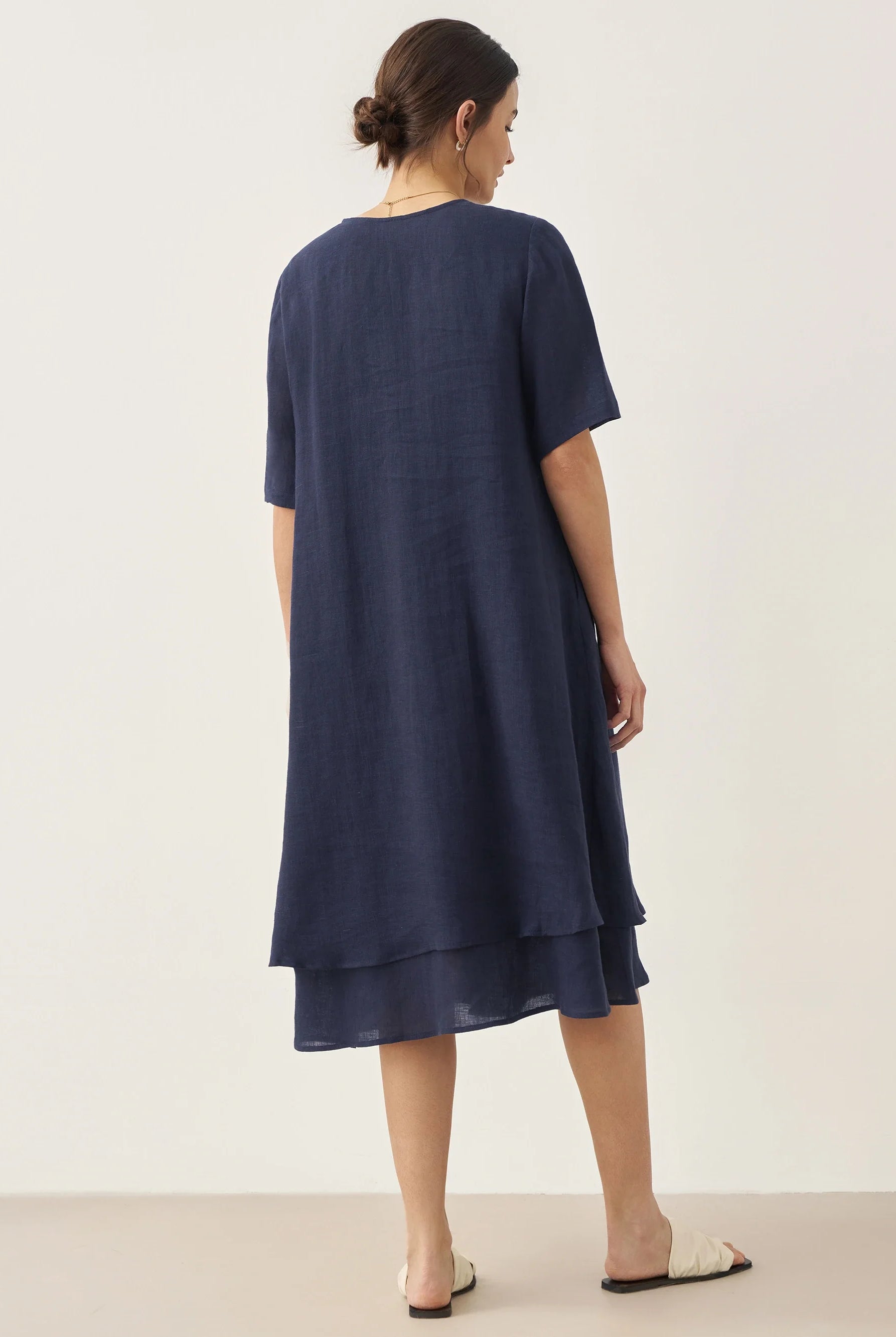100% Linen V-Neck Double-Layer Midi Dress JAYDA - DRESSES-Linen