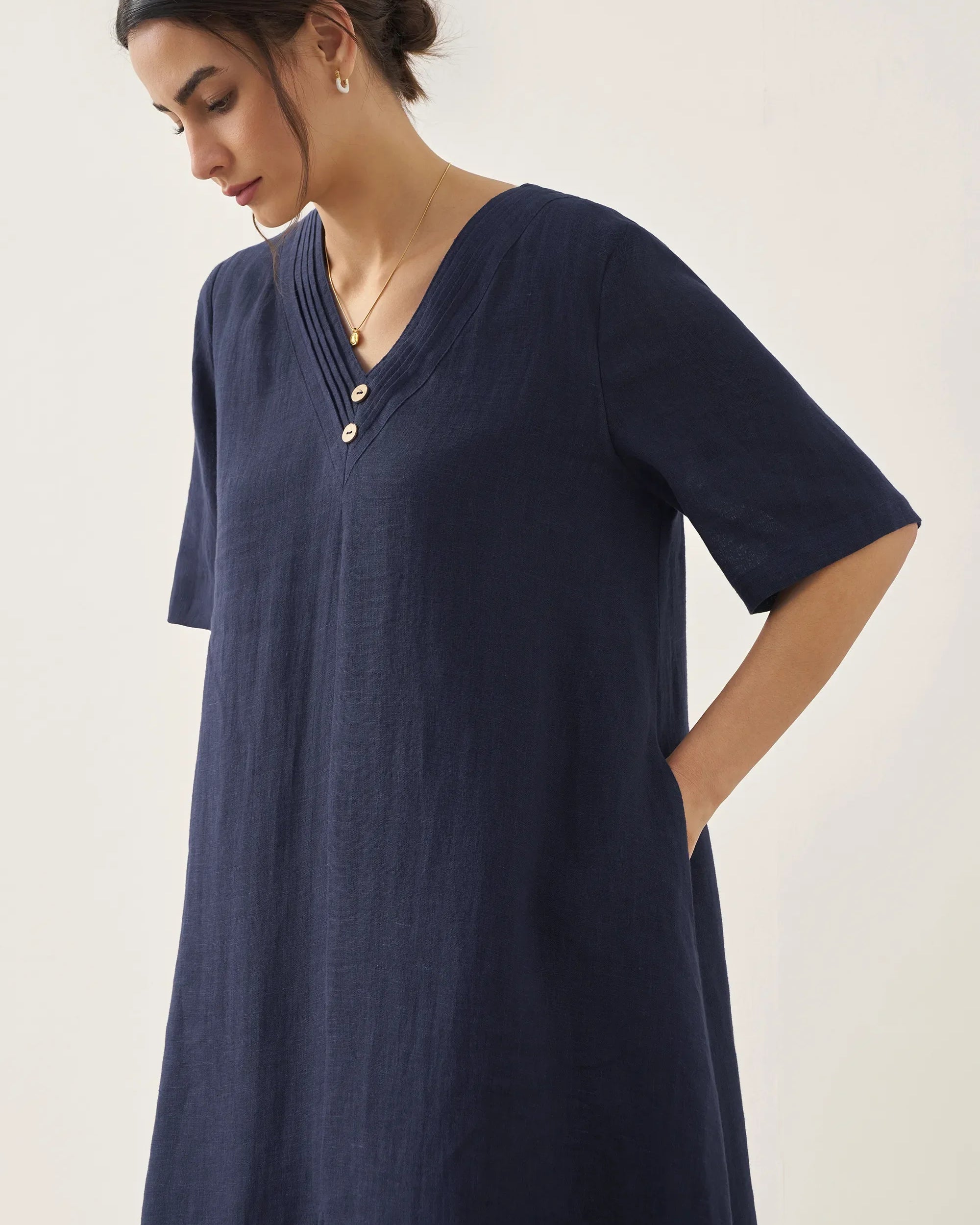 100% Linen V-Neck Double-Layer Midi Dress JAYDA - DRESSES-Linen