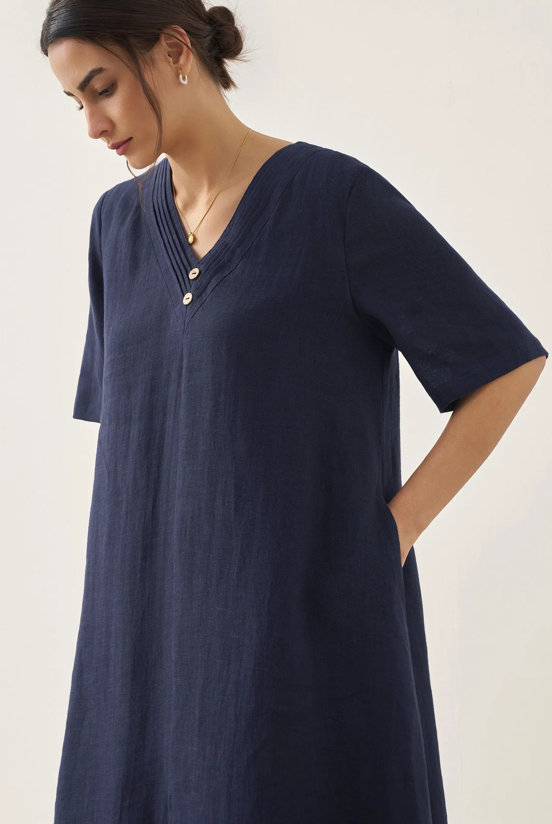 100% Linen V-Neck Double-Layer Midi Dress JAYDA - DRESSES-Linen