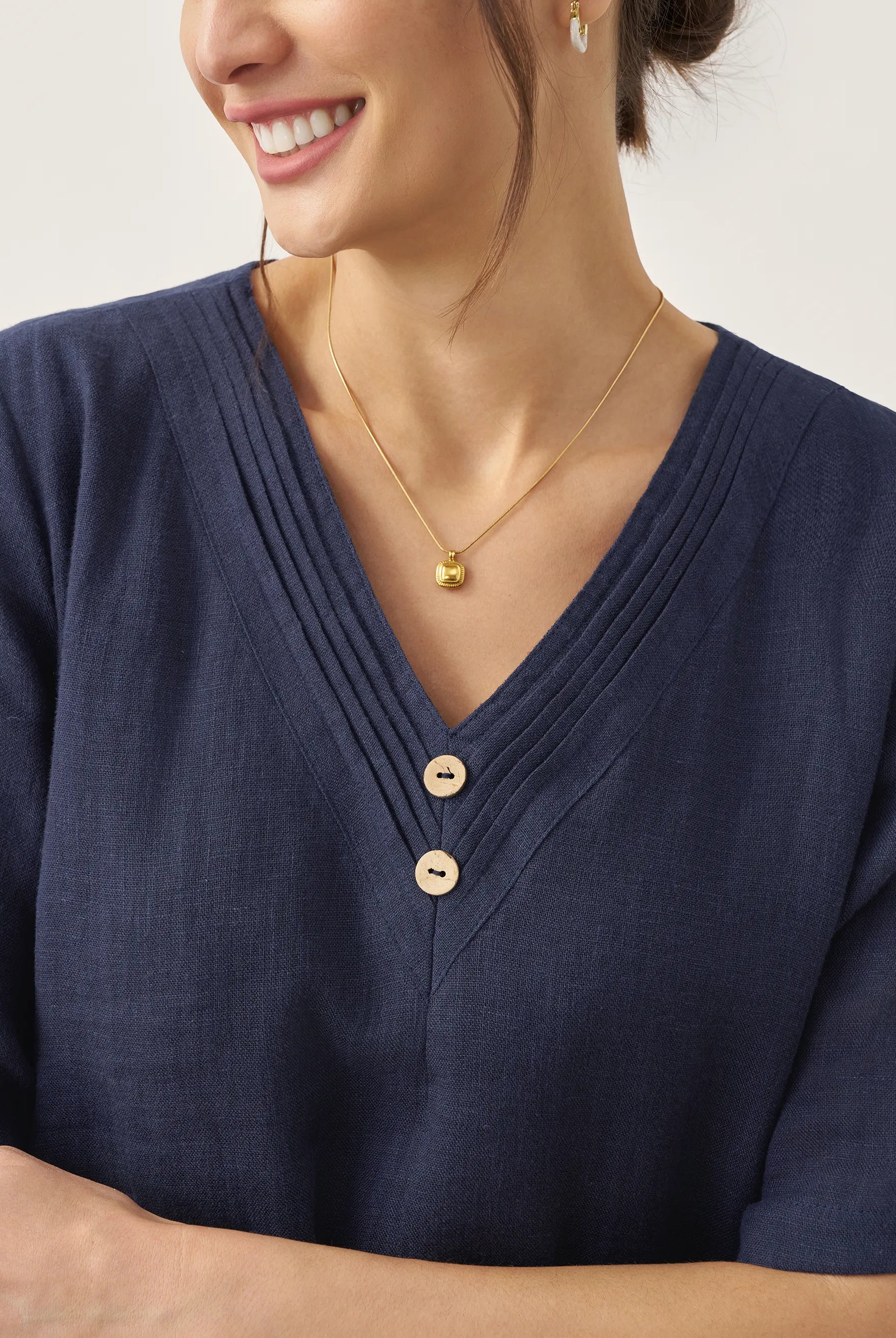 100% Linen V-Neck Double-Layer Midi Dress JAYDA - DRESSES-Linen