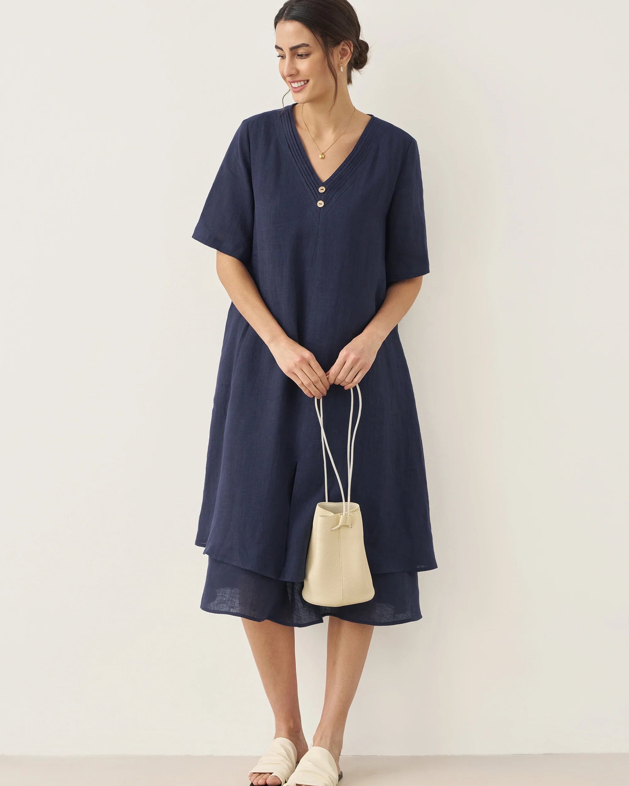 100% Linen V-Neck Double-Layer Midi Dress JAYDA - DRESSES-Linen