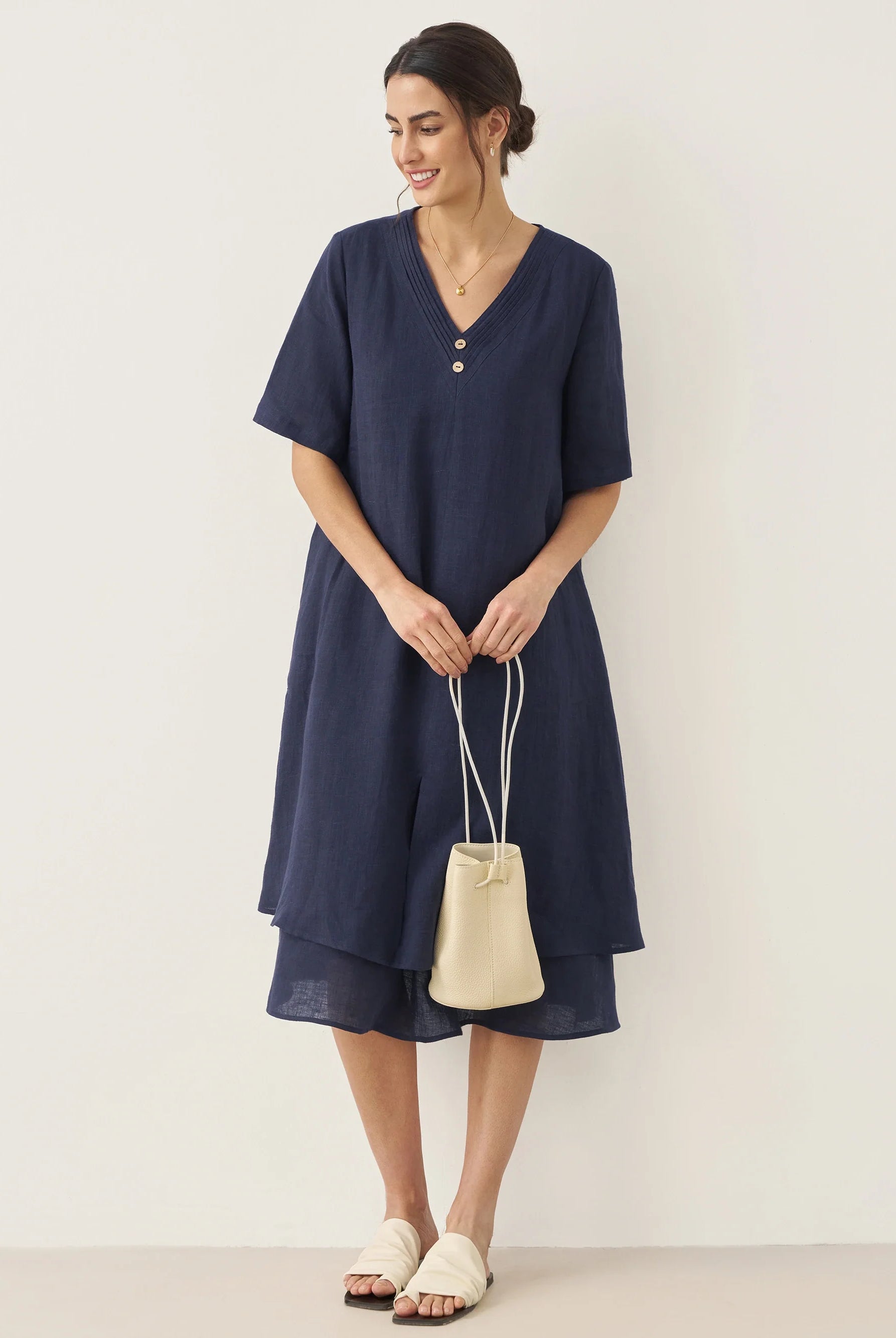 100% Linen V-Neck Double-Layer Midi Dress JAYDA - DRESSES-Linen