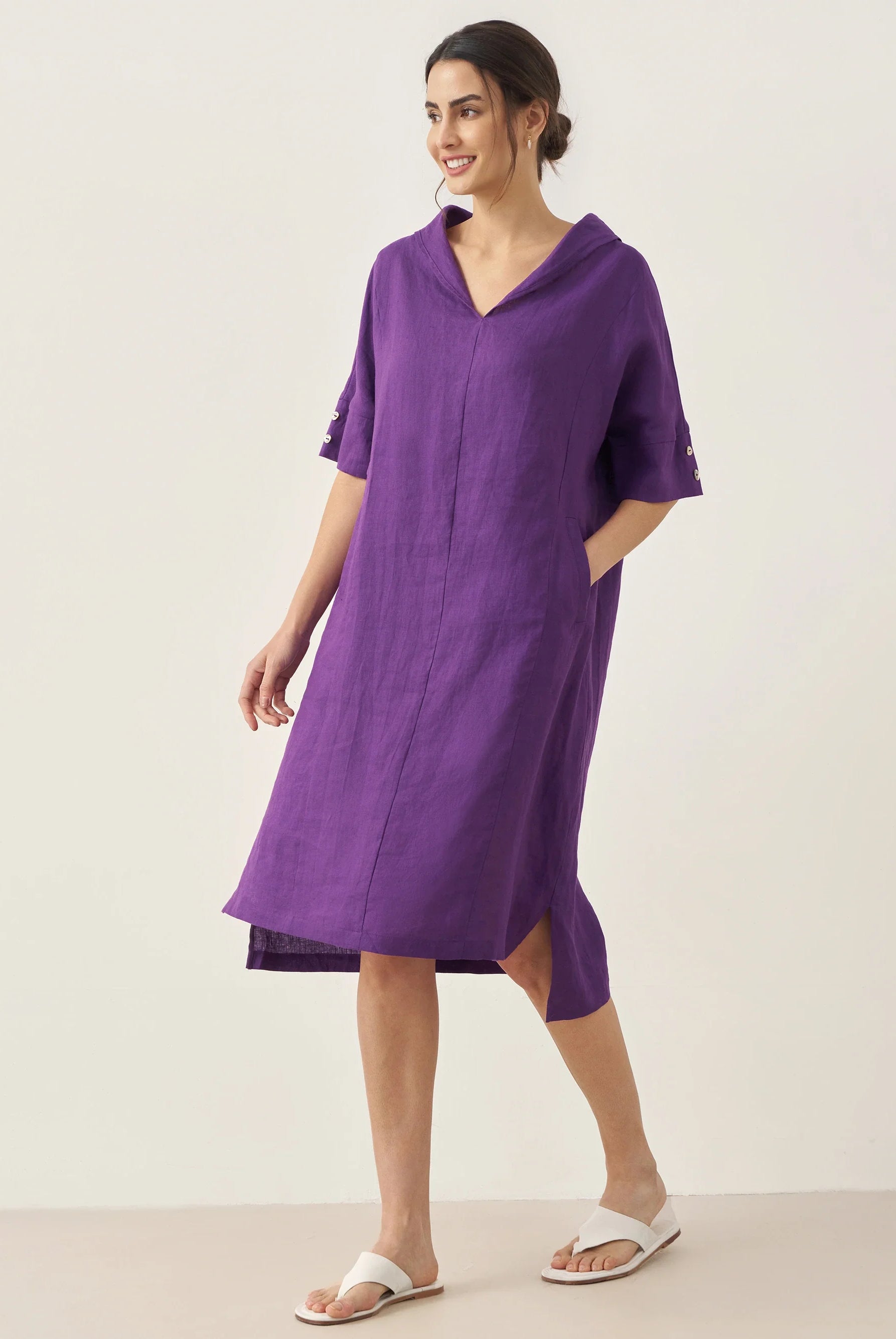100% Linen V-Neck Pullover Midi Dress - DRESSES-Linen