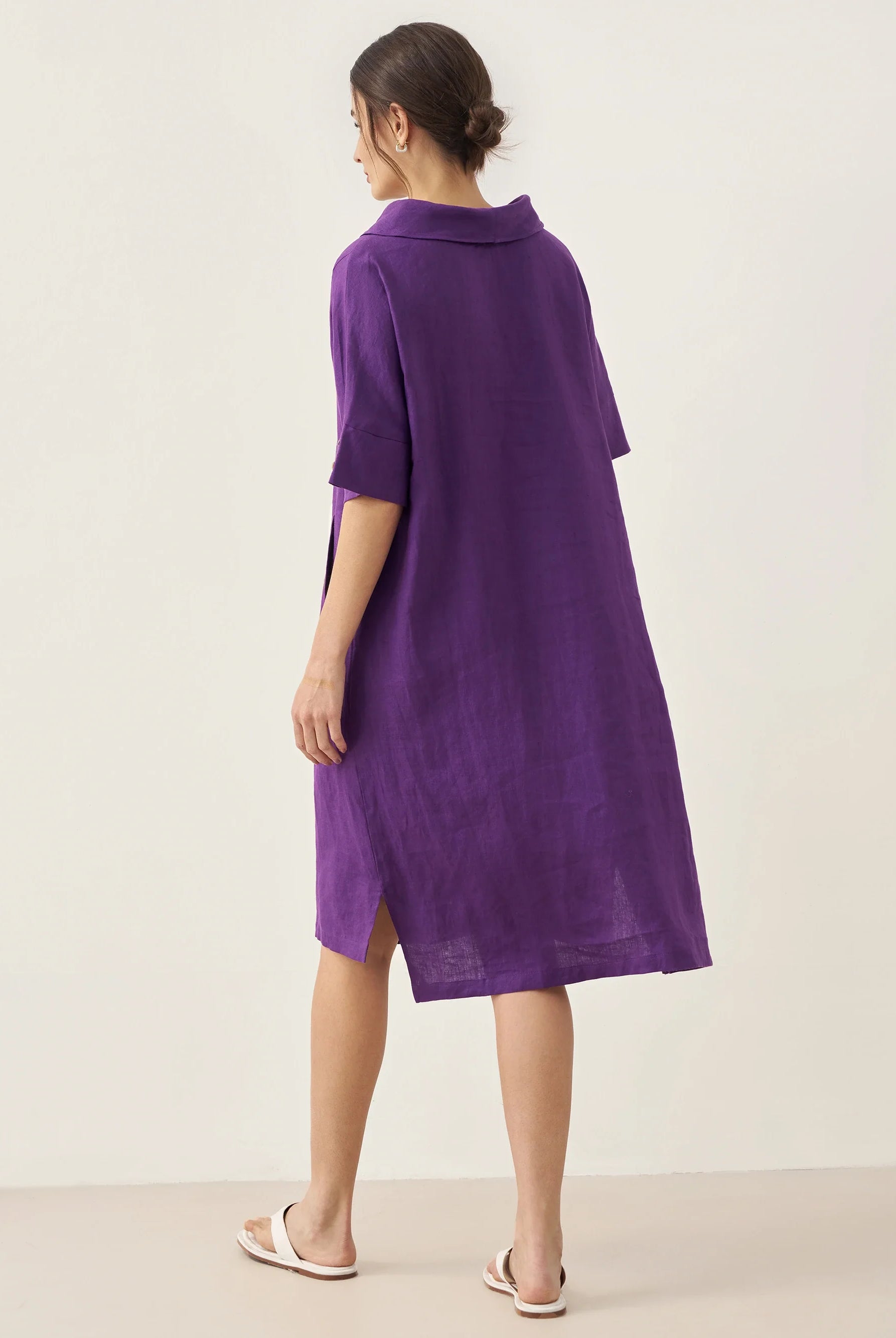 100% Linen V-Neck Pullover Midi Dress - DRESSES-Linen