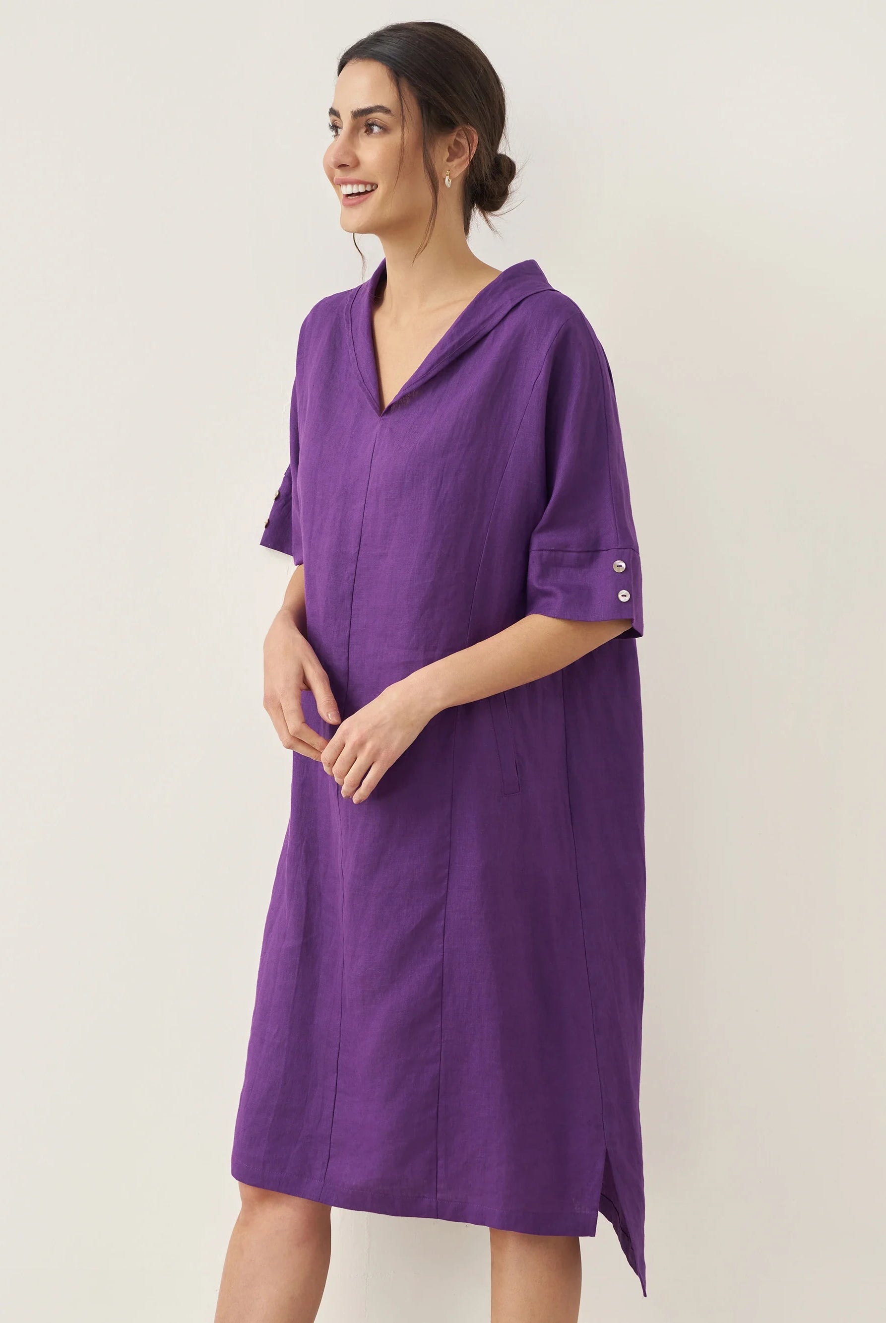 100% Linen V-Neck Pullover Midi Dress - DRESSES-Linen