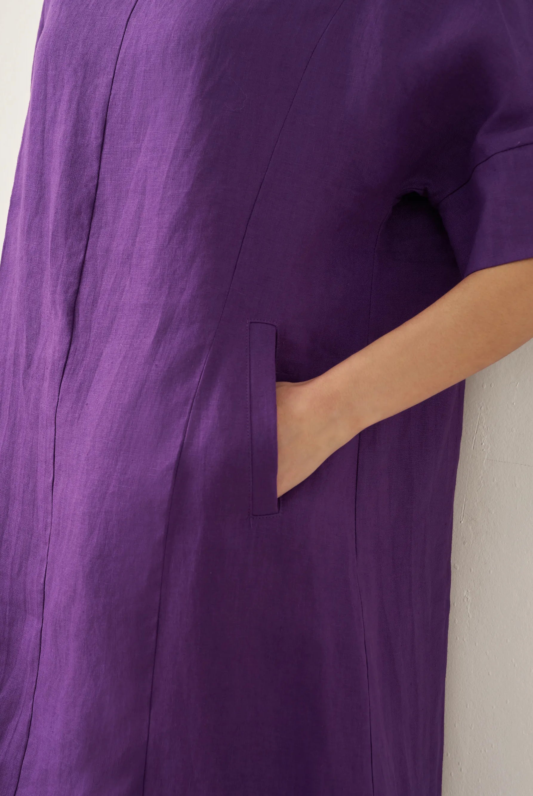 100% Linen V-Neck Pullover Midi Dress - DRESSES-Linen