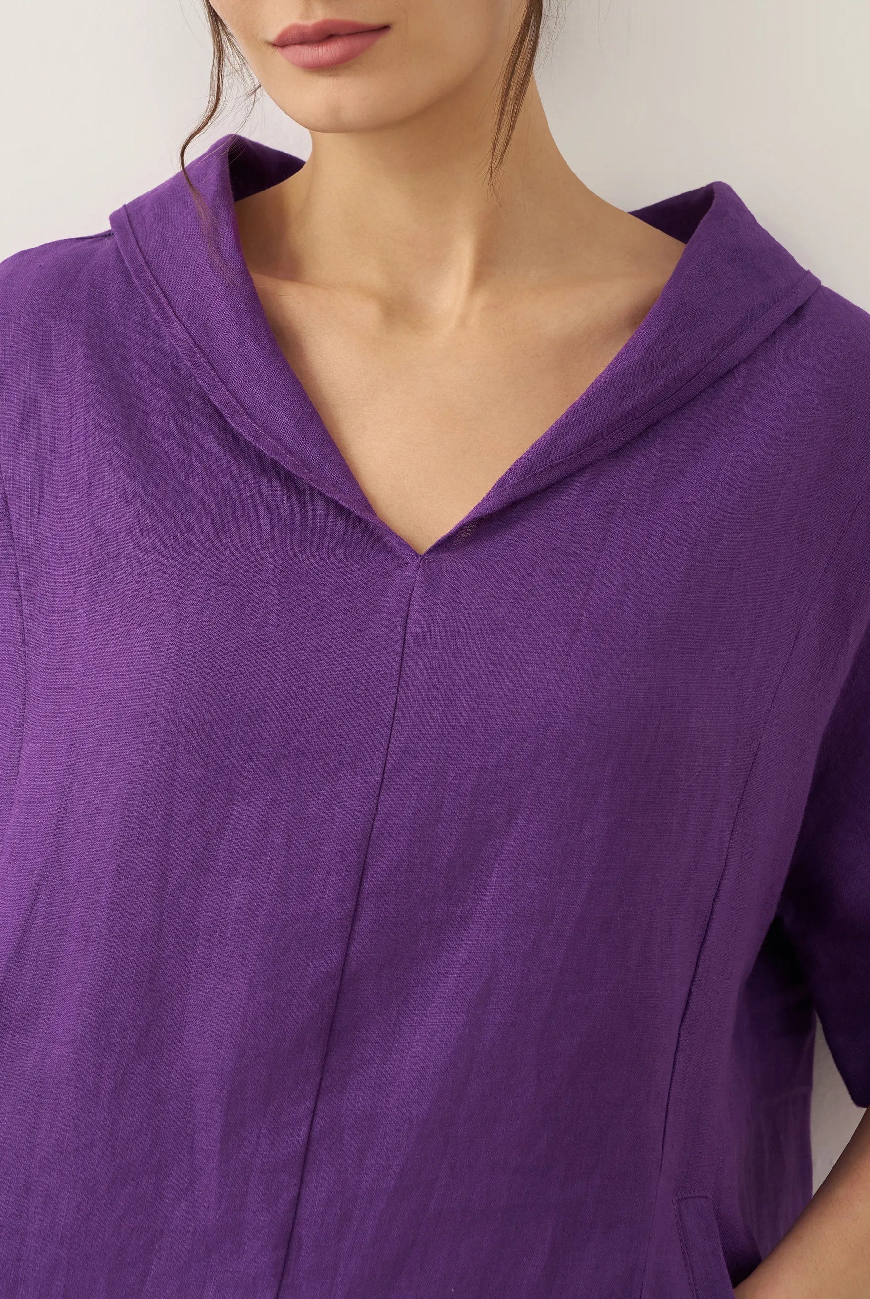 100% Linen V-Neck Pullover Midi Dress - DRESSES-Linen