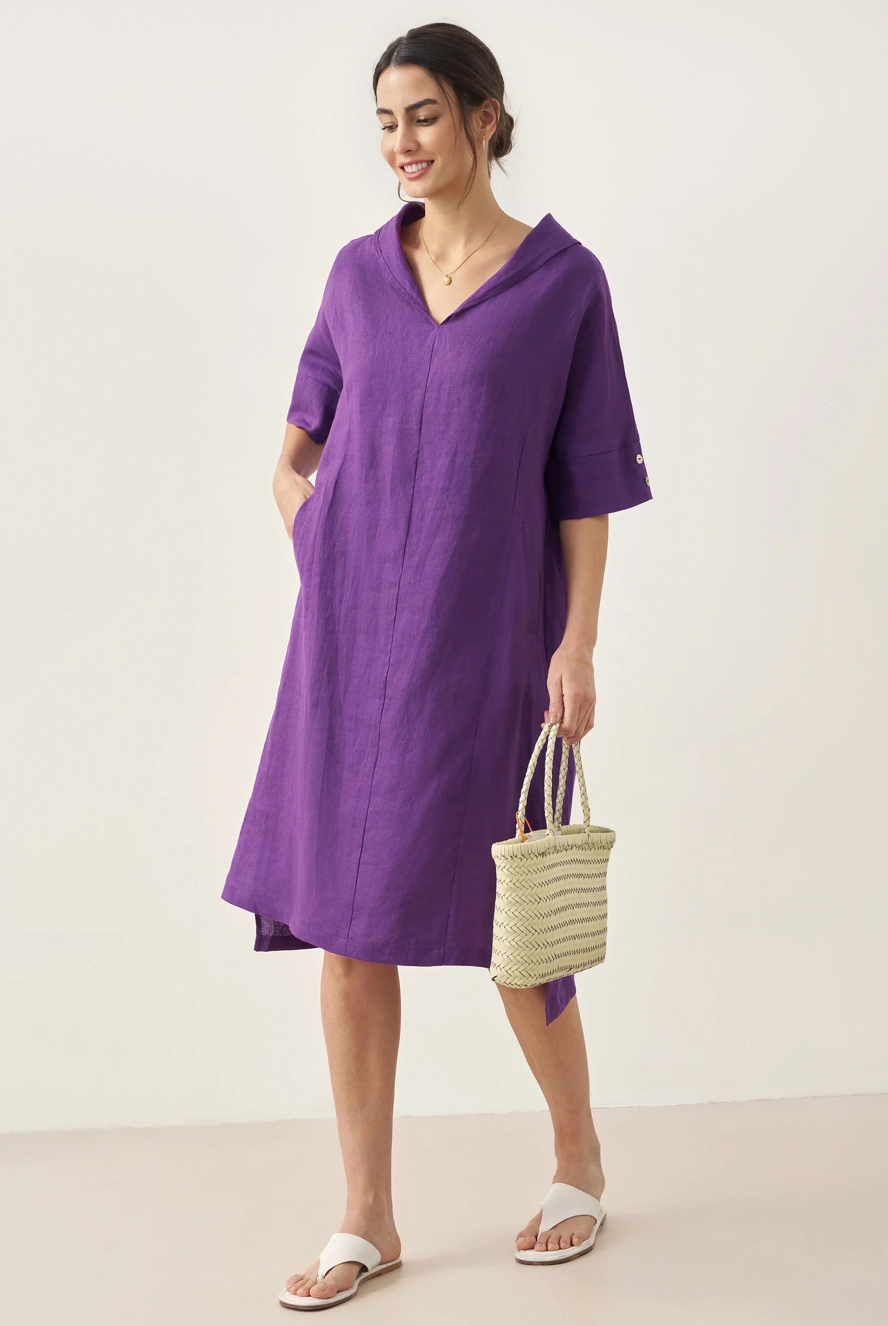 100% Linen V-Neck Pullover Midi Dress - DRESSES-Linen