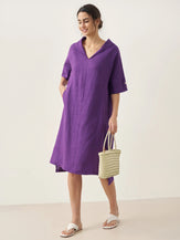 100% Linen V-Neck Pullover Midi Dress - DRESSES-Linen