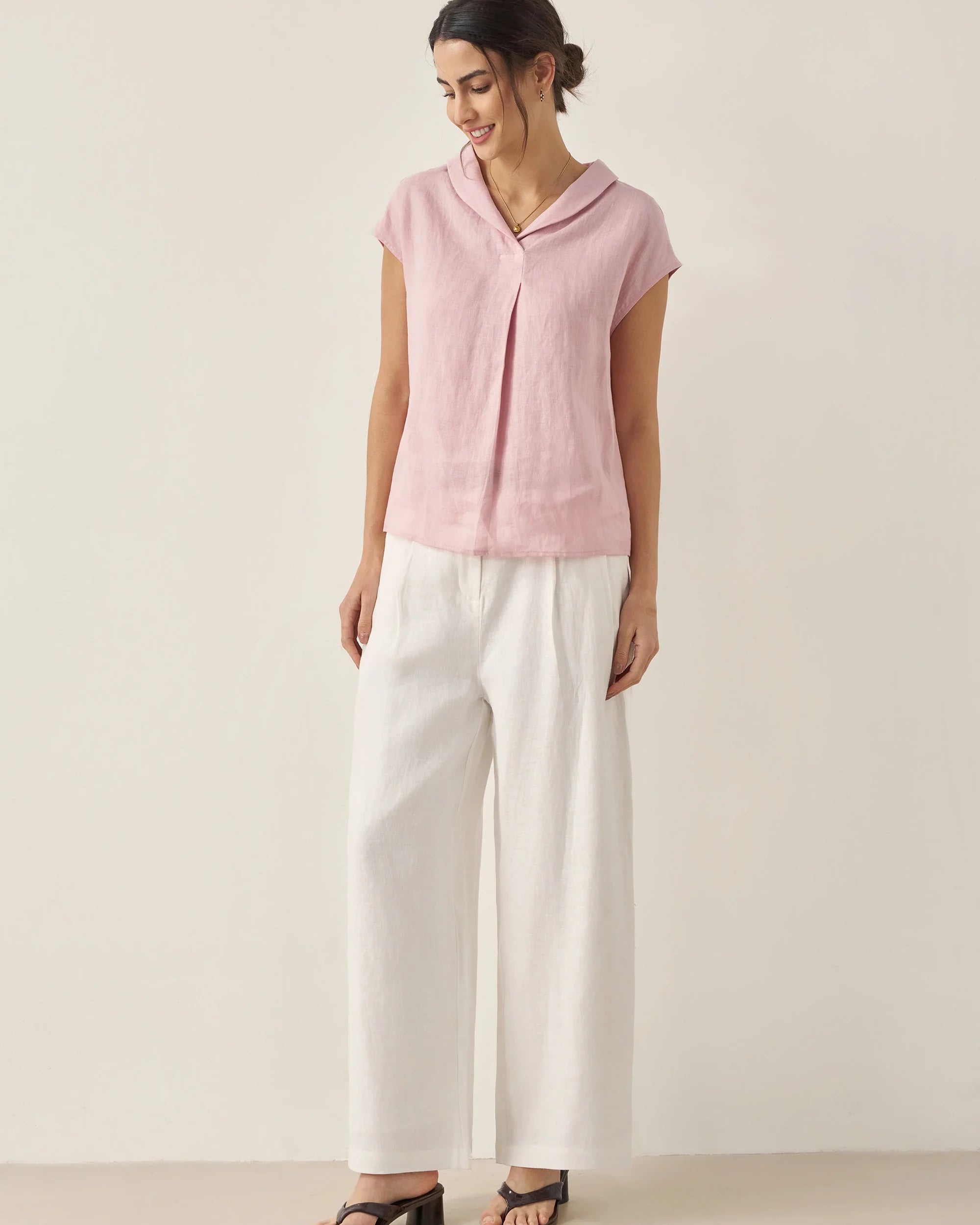 100% Linen Shawl V-Neck Cap Sleeves Top ELARA - TOPS-Linen Blouses