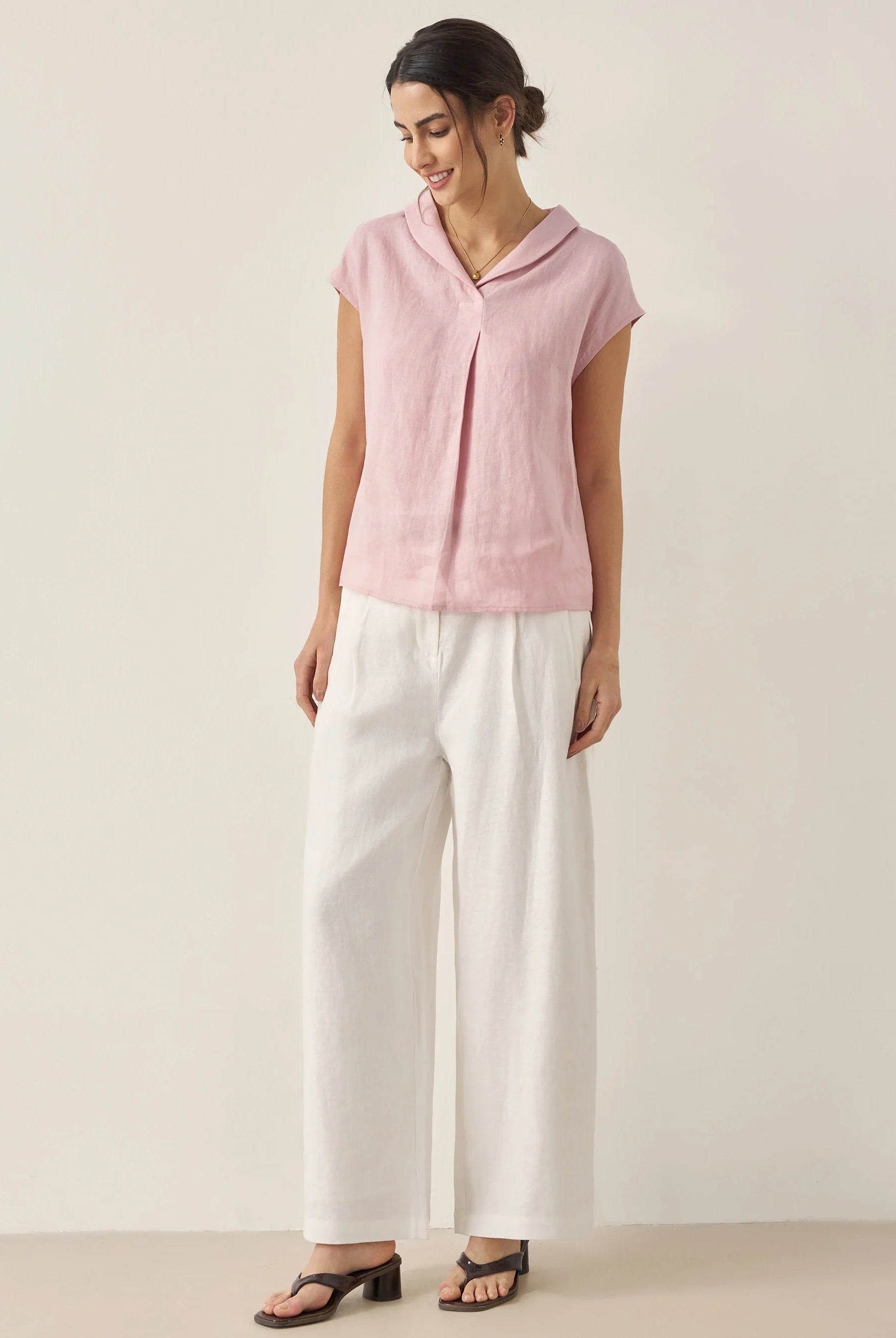 100% Linen Shawl V-Neck Cap Sleeves Top ELARA - TOPS-Linen Blouses