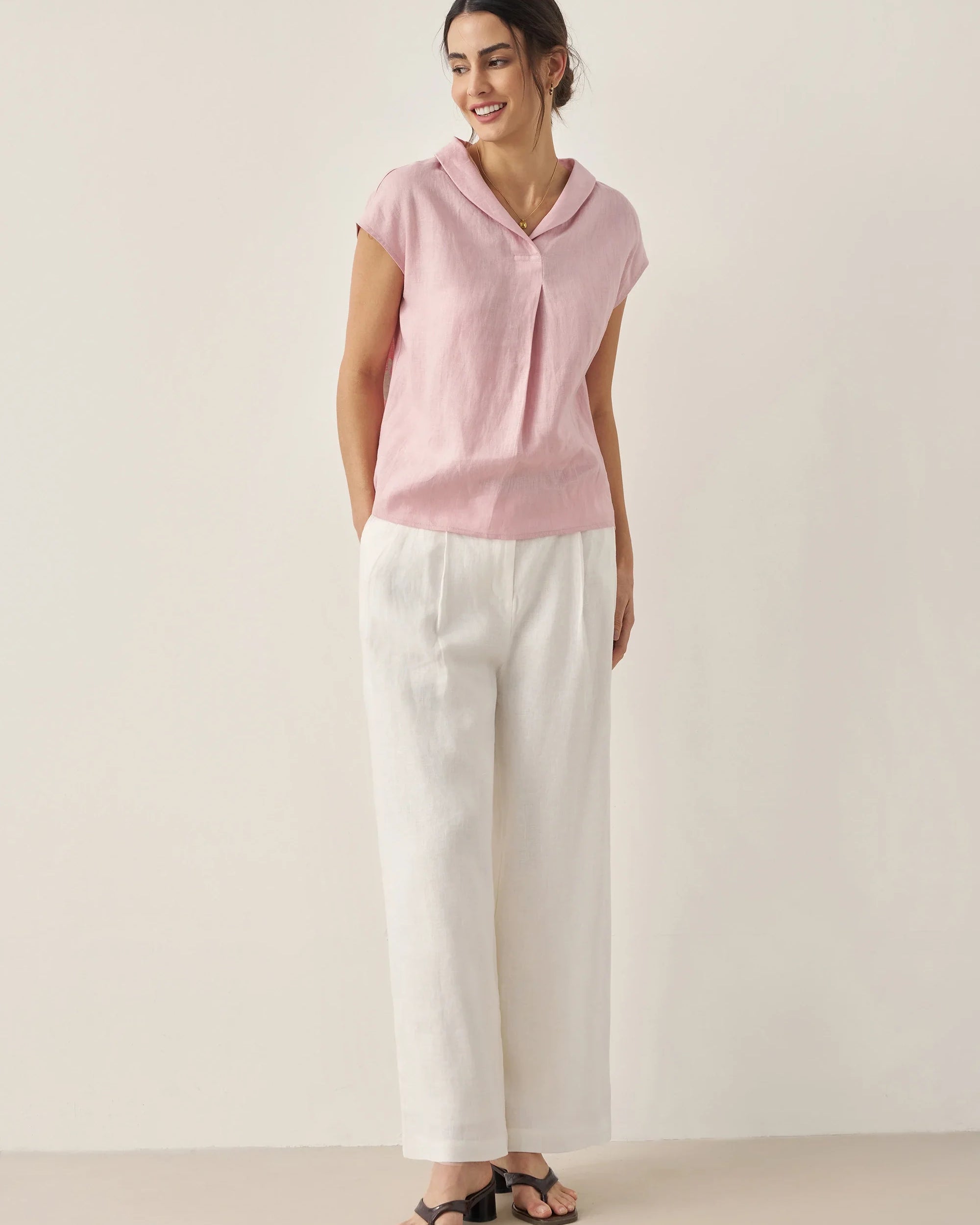 100% Linen Shawl V-Neck Cap Sleeves Top ELARA - TOPS-Linen Blouses