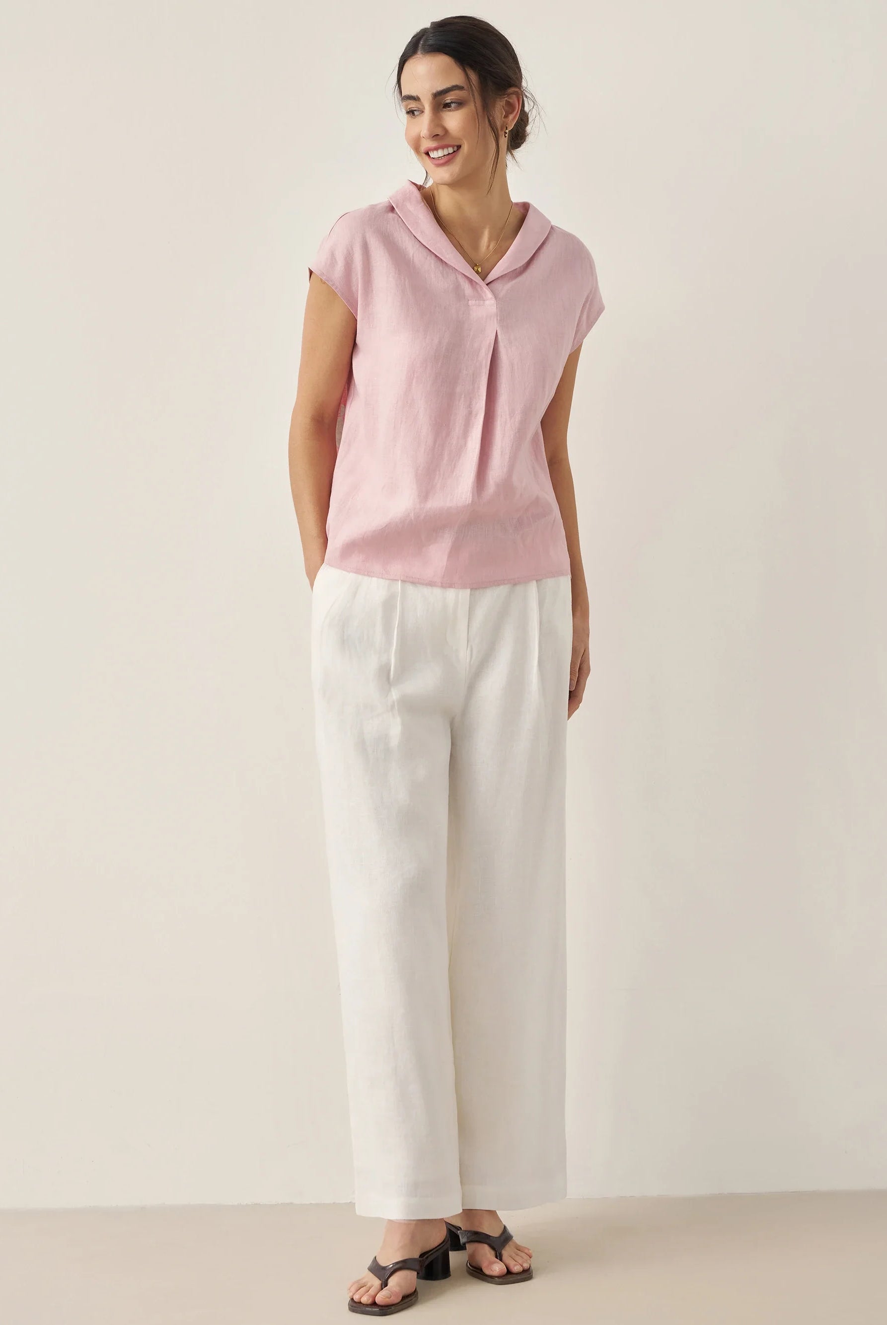 100% Linen Shawl V-Neck Cap Sleeves Top ELARA - TOPS-Linen Blouses