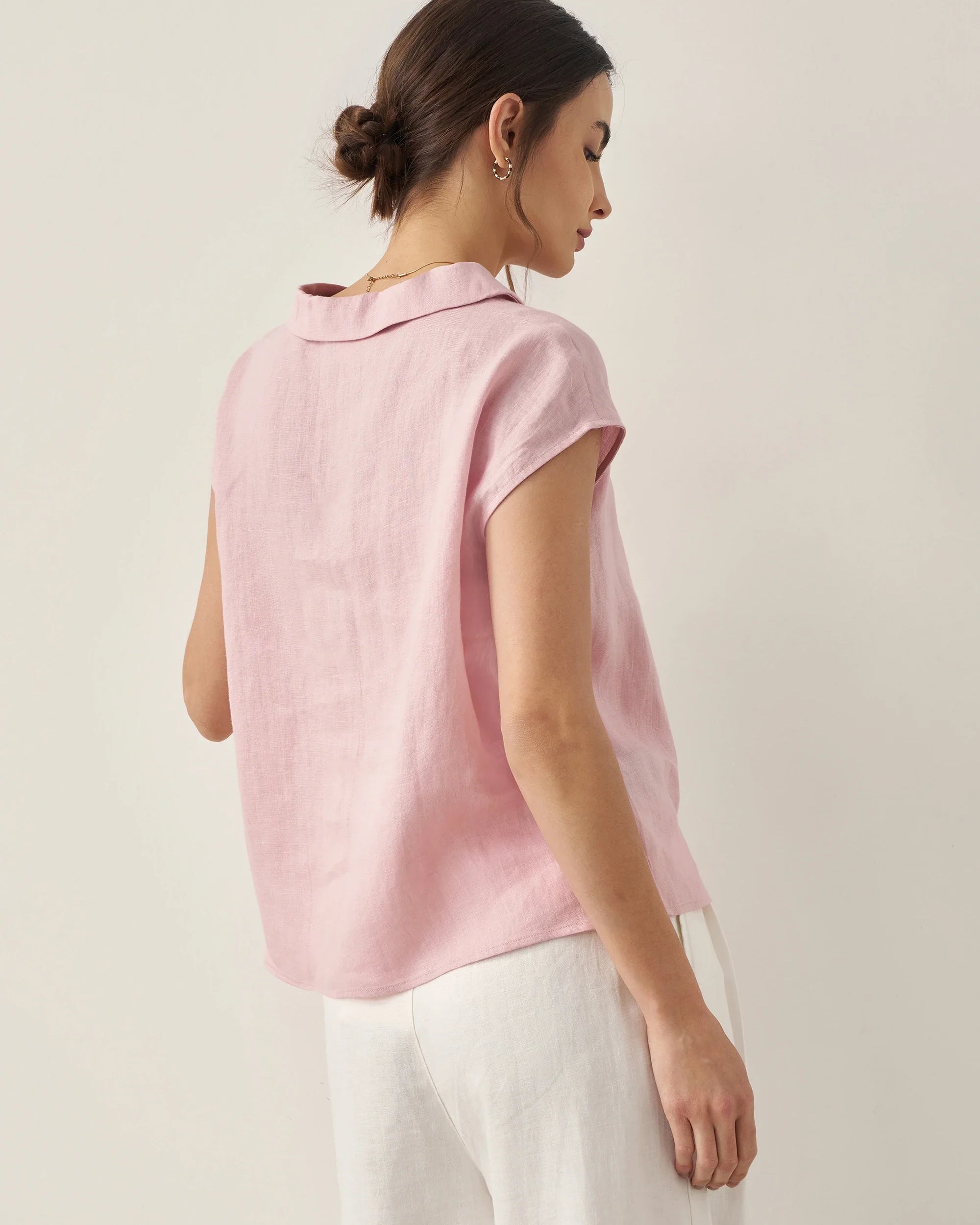 100% Linen Shawl V-Neck Cap Sleeves Top ELARA - TOPS-Linen Blouses