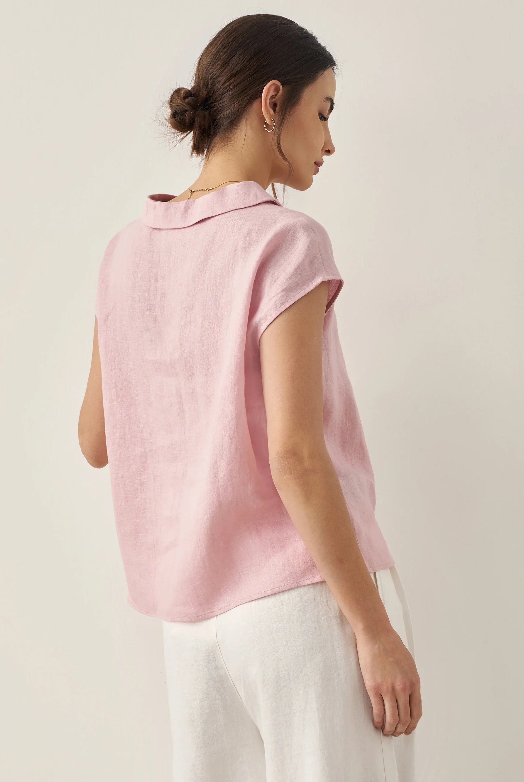 100% Linen Shawl V-Neck Cap Sleeves Top ELARA - TOPS-Linen Blouses