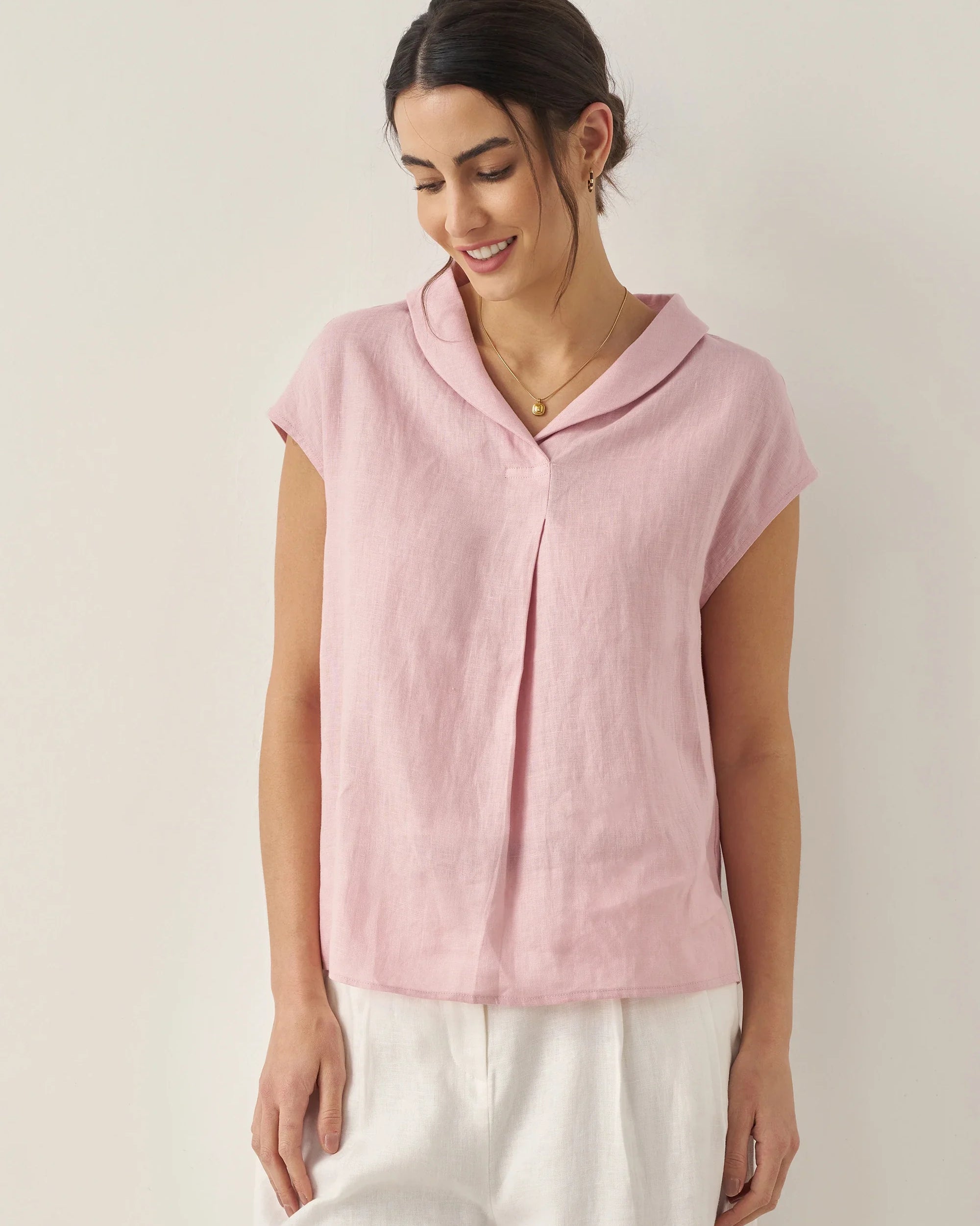 100% Linen Shawl V-Neck Cap Sleeves Top ELARA - Rosa / S - TOPS-Linen Blouses