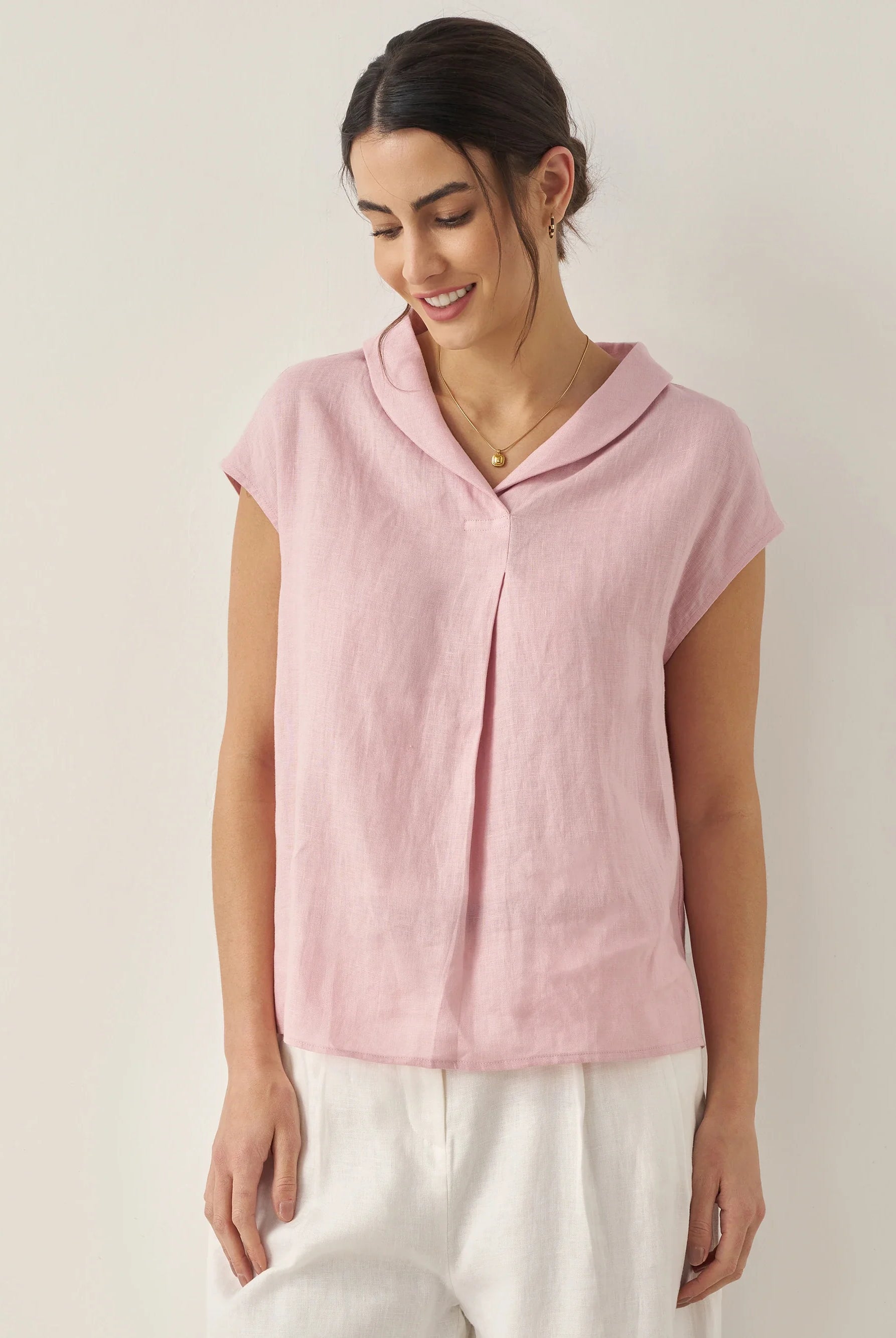 100% Linen Shawl V-Neck Cap Sleeves Top ELARA - Rosa / S - TOPS-Linen Blouses