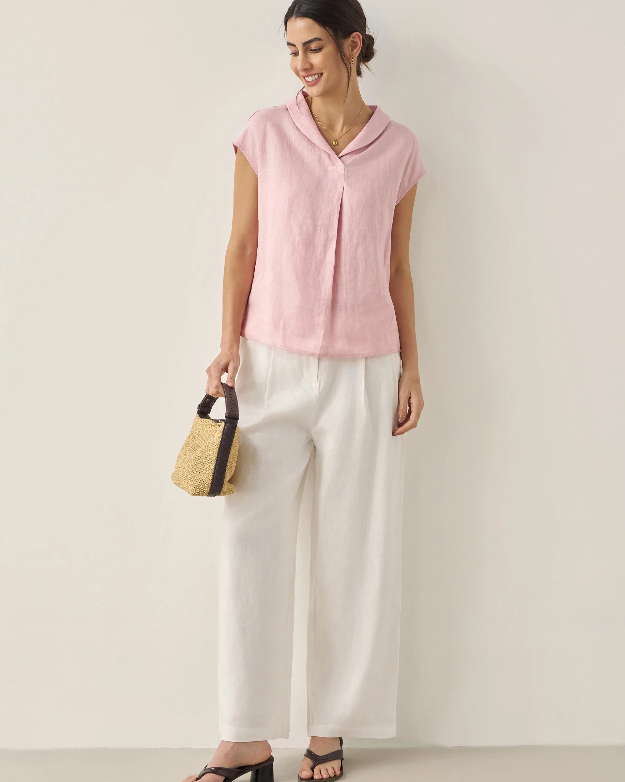 100% Linen Shawl V-Neck Cap Sleeves Top ELARA - TOPS-Linen Blouses