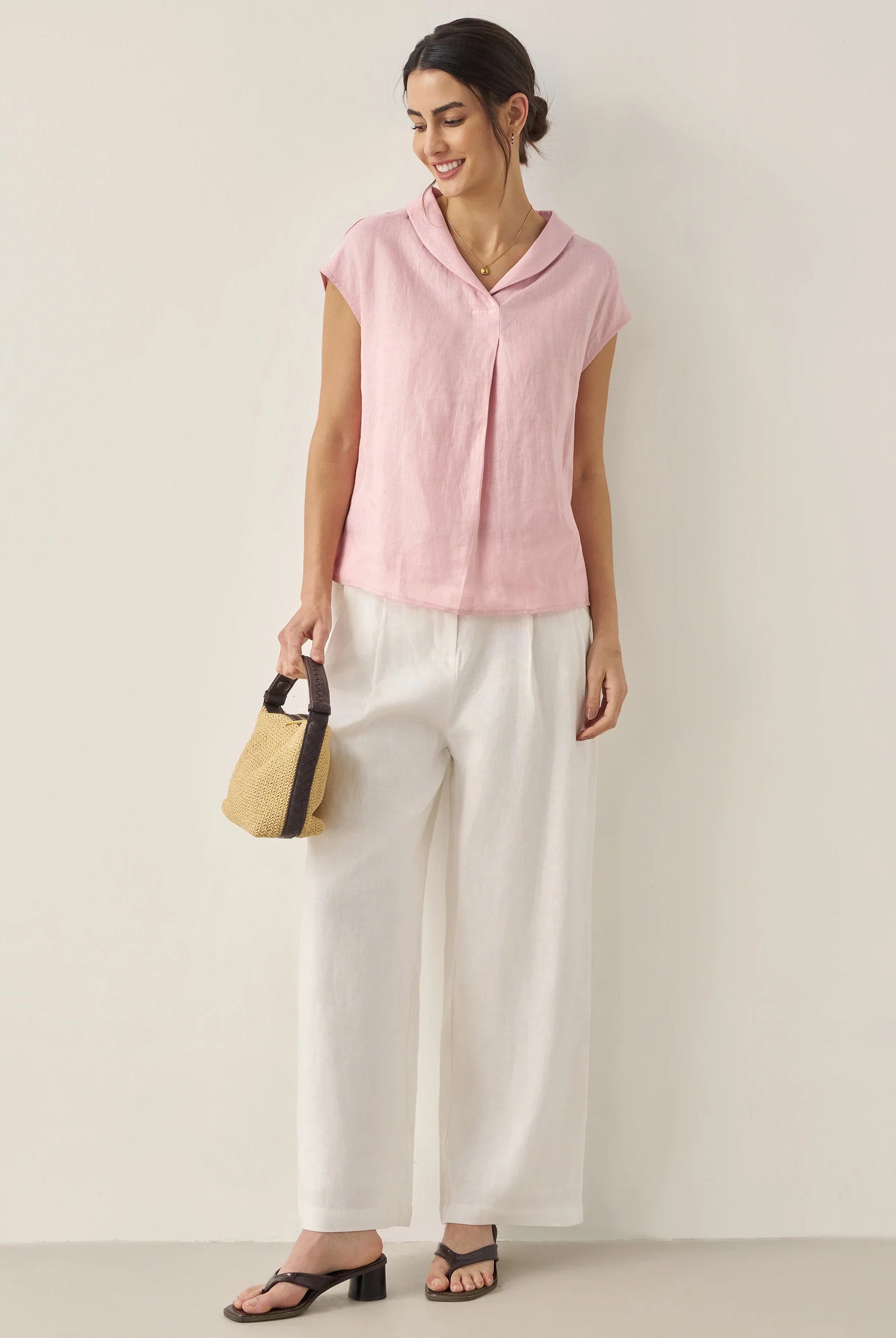 100% Linen Shawl V-Neck Cap Sleeves Top ELARA - TOPS-Linen Blouses