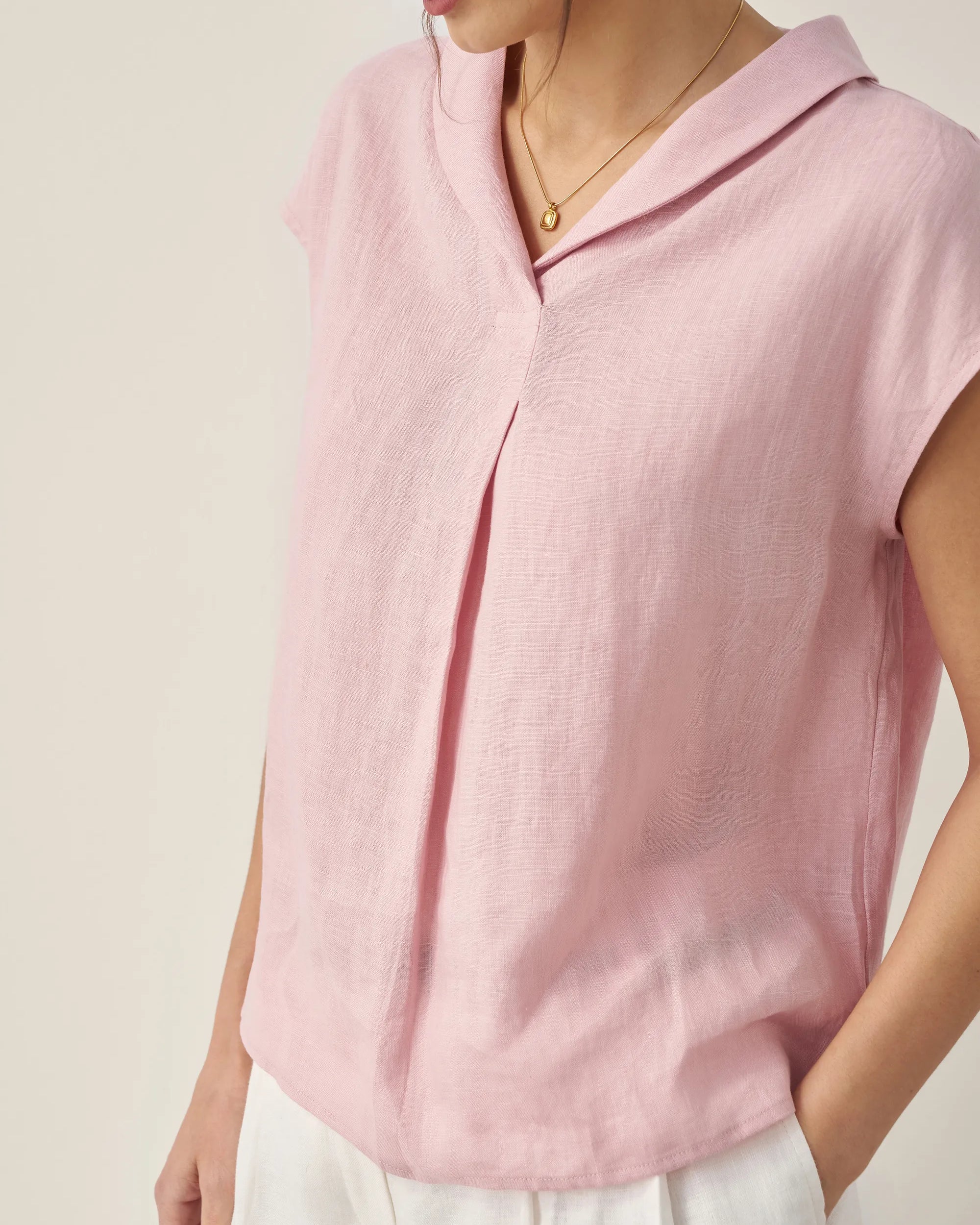 100% Linen Shawl V-Neck Cap Sleeves Top ELARA - TOPS-Linen Blouses